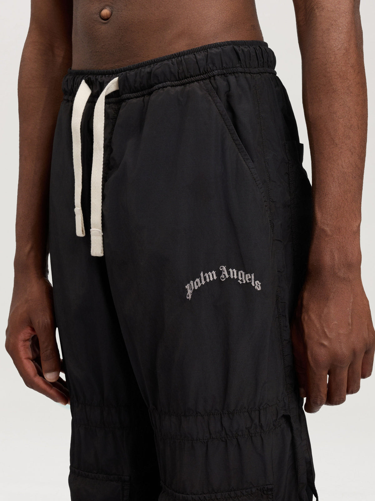 PALM ANGELS Curved Logo Draws Cargo Pants BLACK OFF WHITE PMCF03BS26FAB002