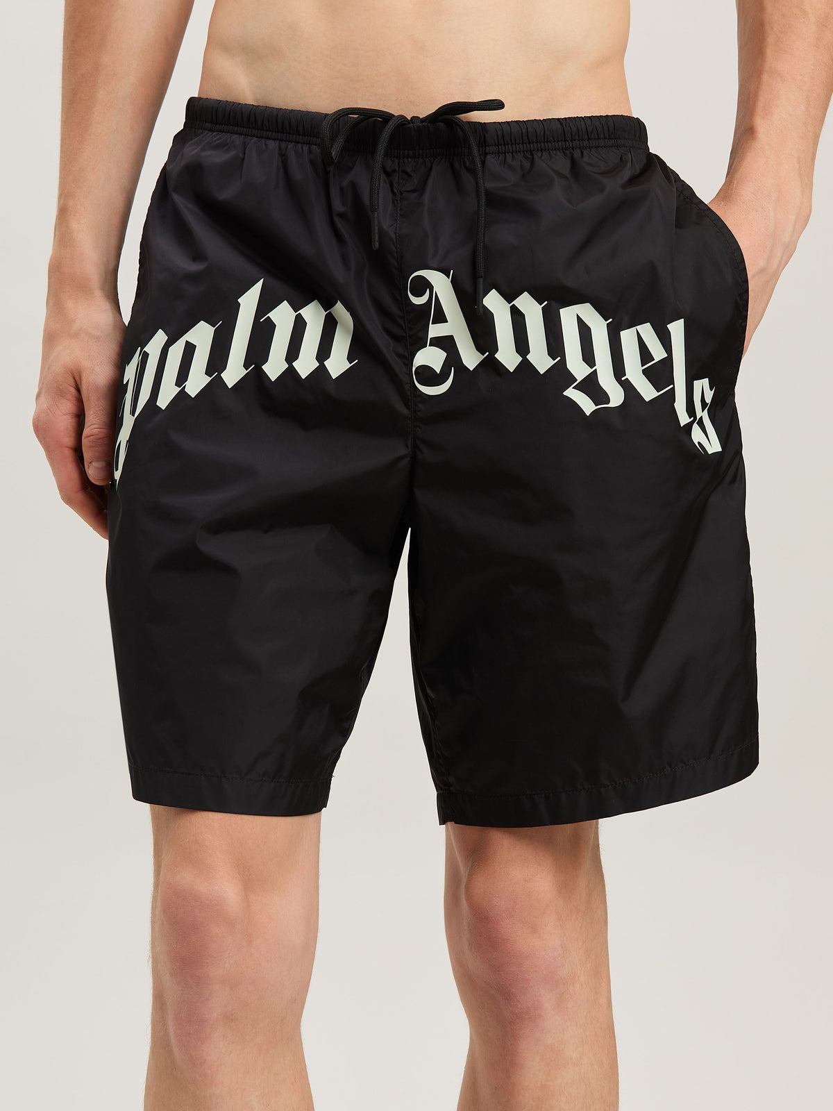 PALM ANGELS CURVED LOGO SWIMSHORTS BLACK - OFF WHITE PMFD018S25FAB001
