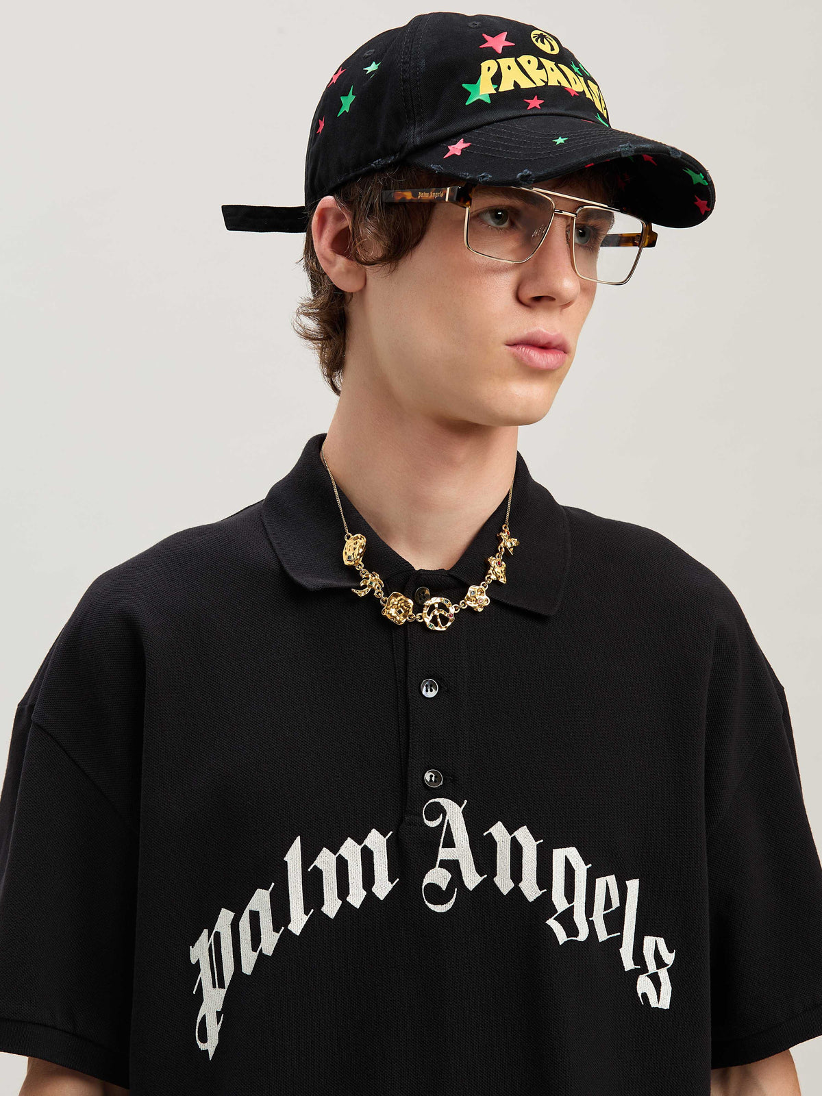 PALM ANGELS CURVED LOGO POLO SS BLACK - OFF WHITE PMGB012S25FAB003