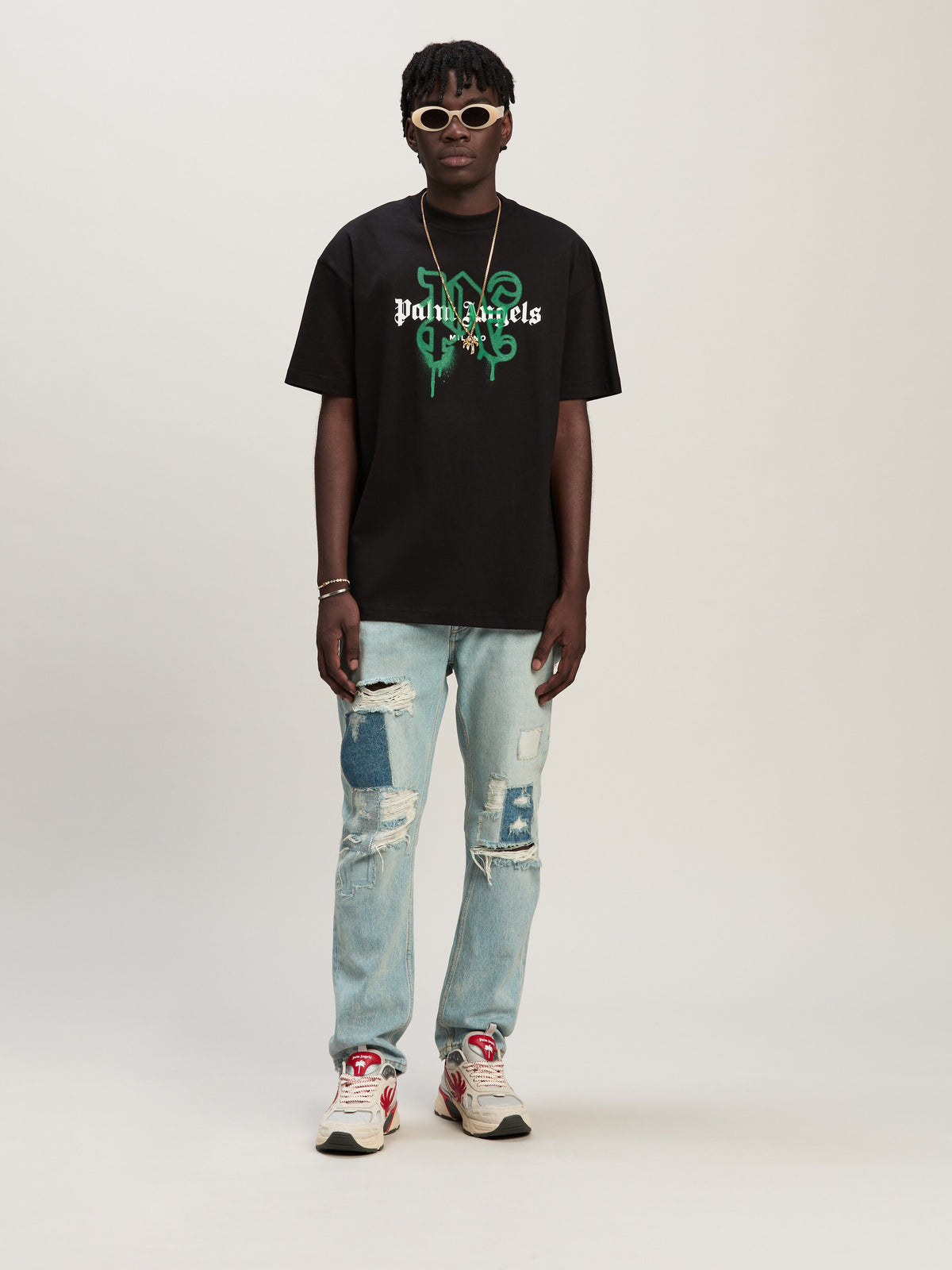 PALM ANGELS MILAN MONOGRAM SPRAY TEE BLACK PMAA001C99JER028