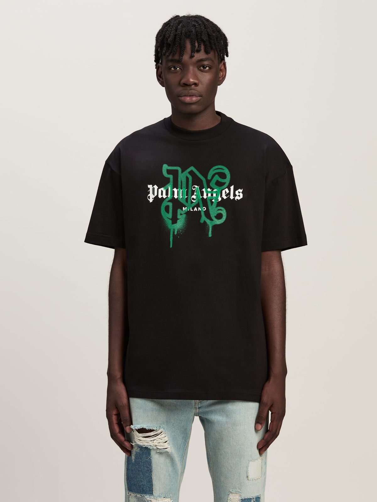 PALM ANGELS MILAN MONOGRAM SPRAY TEE BLACK PMAA001C99JER028