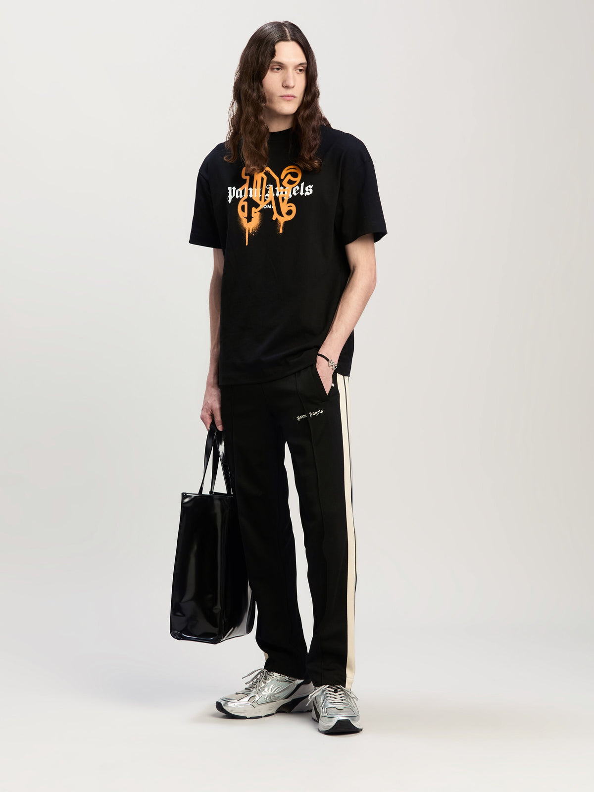 PALM ANGELS Roma Monogram Spray Tee BLACK ORANGE PMAA001C99JER029