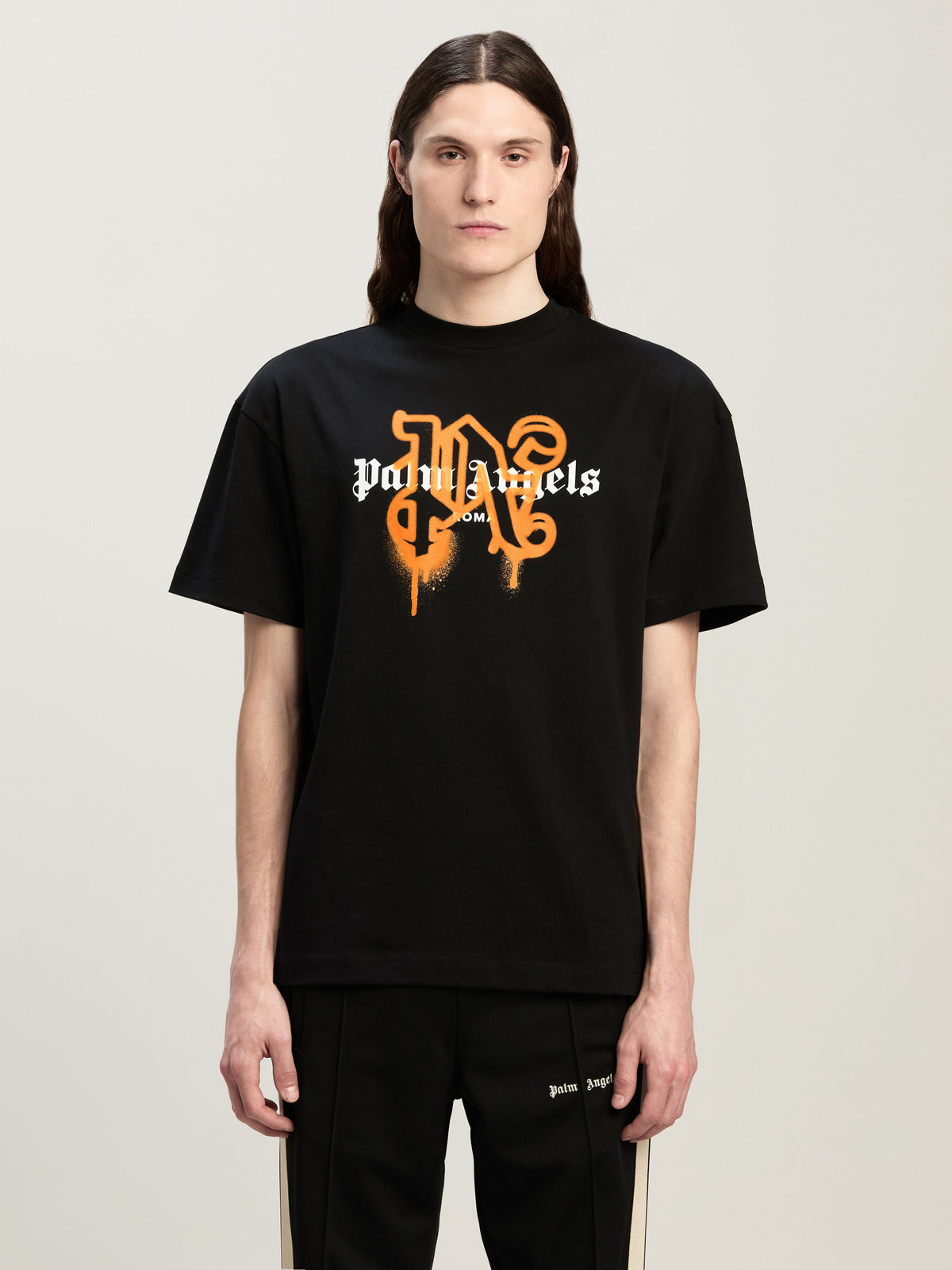 PALM ANGELS Roma Monogram Spray Tee BLACK ORANGE PMAA001C99JER029
