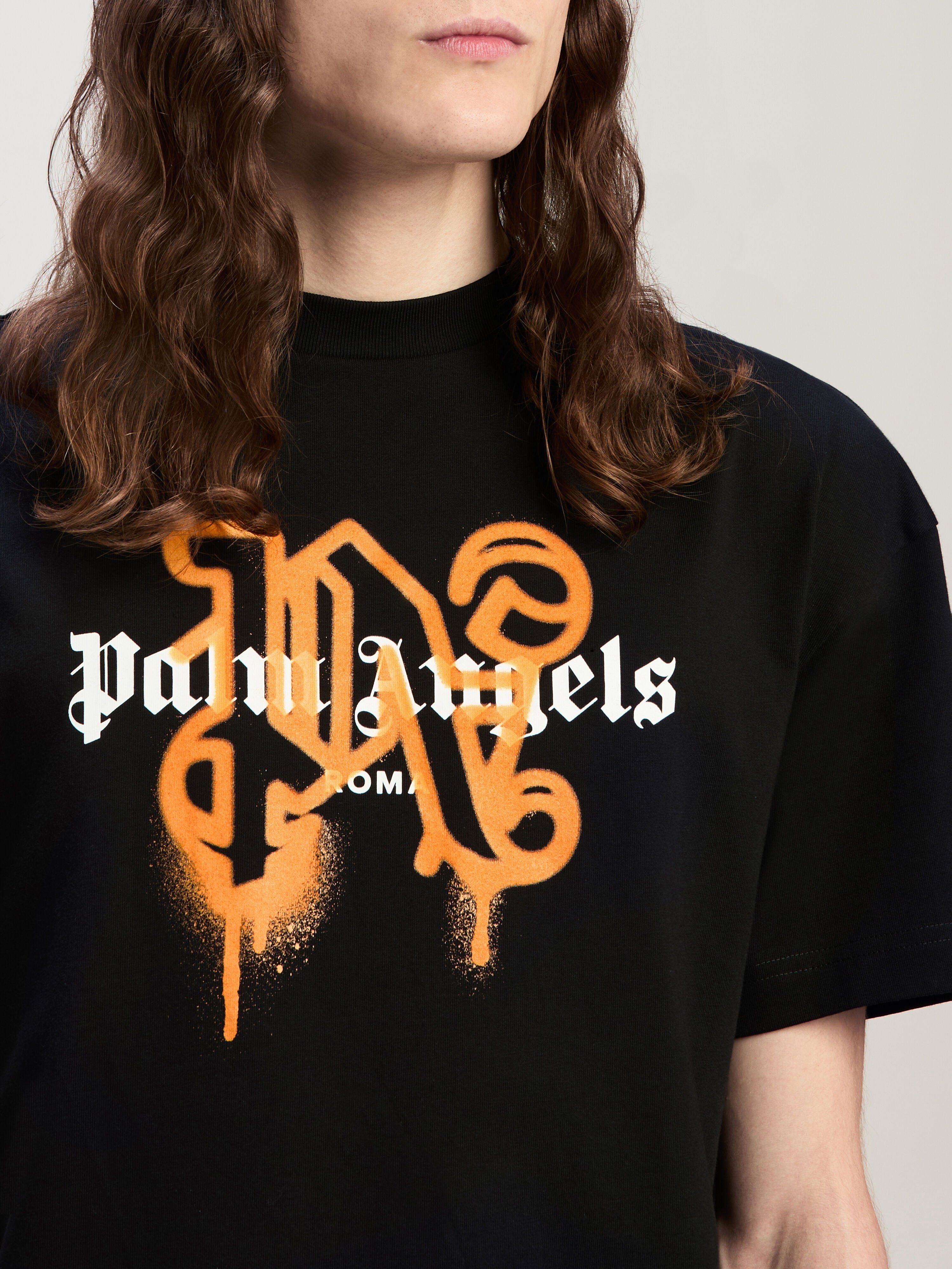 PALM ANGELS Roma Monogram Spray Tee BLACK ORANGE PMAA001C99JER029