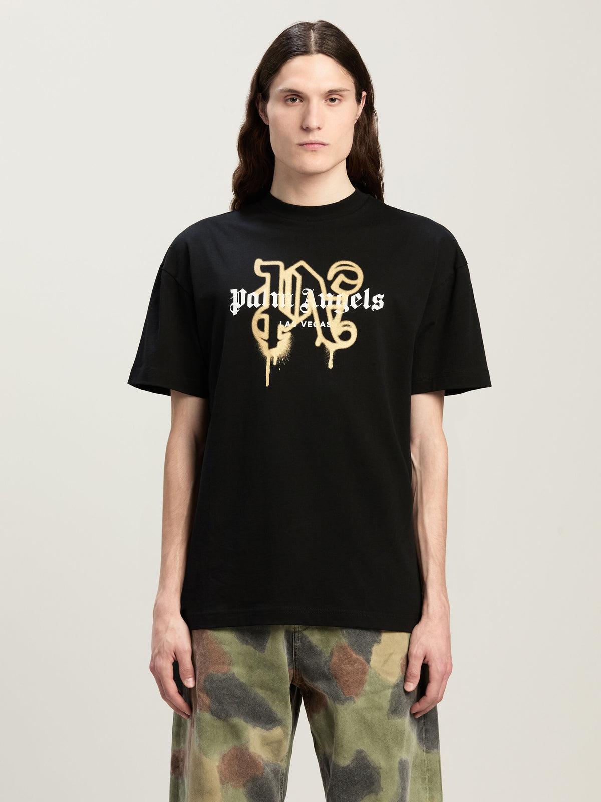 PALM ANGELS LAS VEGAS MONOGRAM SPRAY TEE BLACK GOLD PMAA001C99JER031