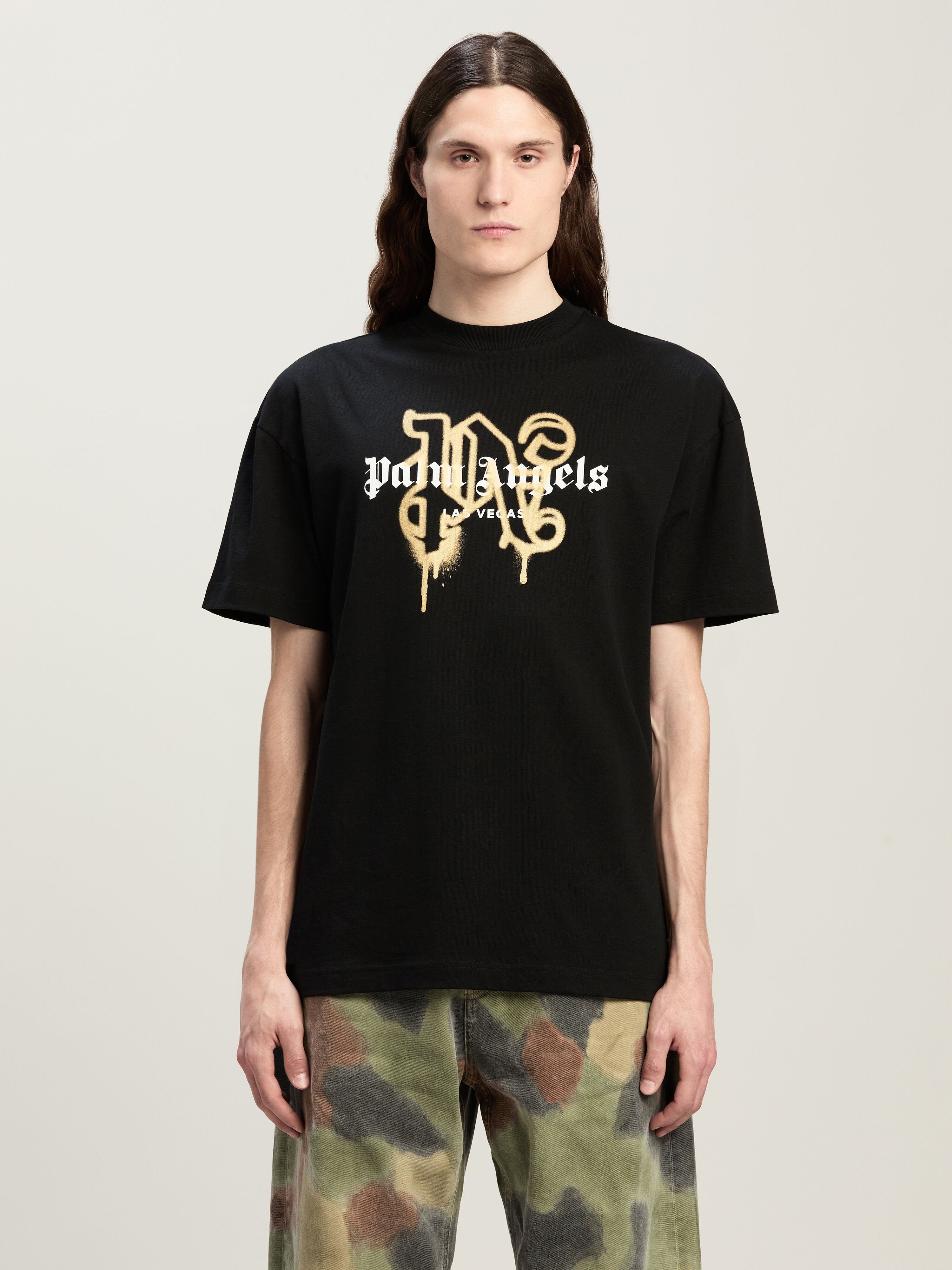 PALM ANGELS LAS VEGAS MONOGRAM SPRAY TEE BLACK GOLD PMAA001C99JER031