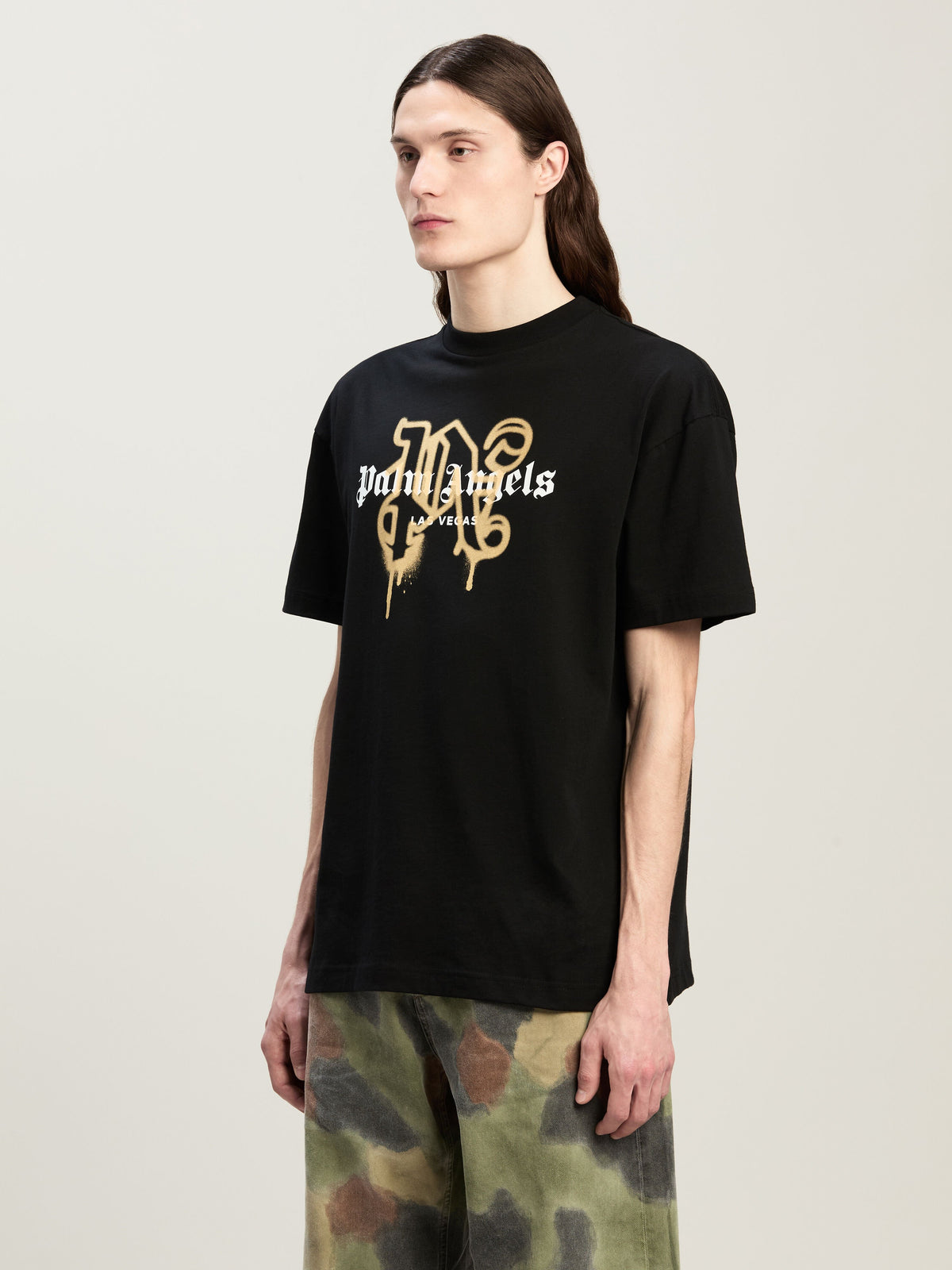 PALM ANGELS LAS VEGAS MONOGRAM SPRAY TEE BLACK GOLD PMAA001C99JER031