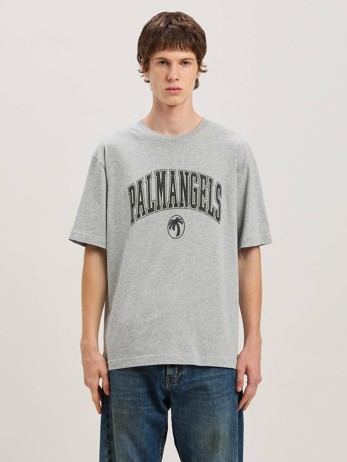 PALM ANGELS  COLLEGE PALM SLIM TEE GREY MELANGE - BLA GREY MELANGE - BLACK PMAA089S25JER001