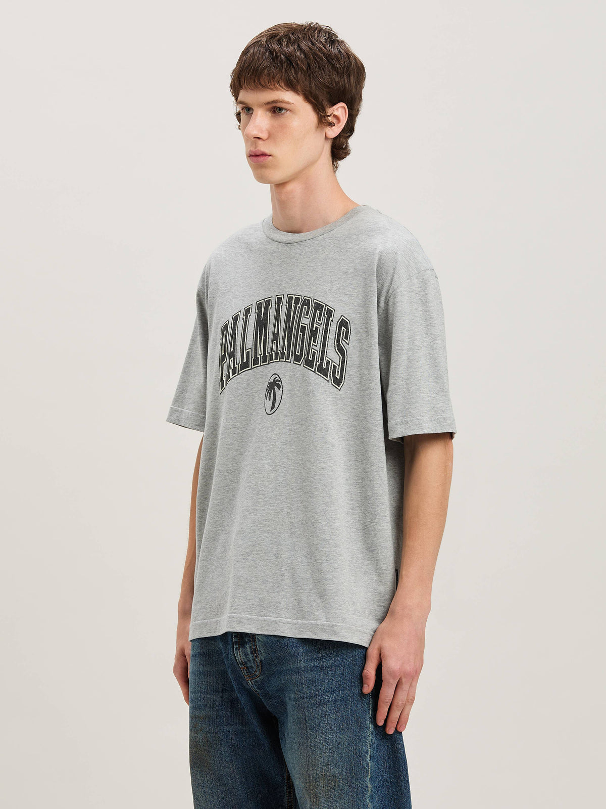 PALM ANGELS  COLLEGE PALM SLIM TEE GREY MELANGE - BLA GREY MELANGE - BLACK PMAA089S25JER001