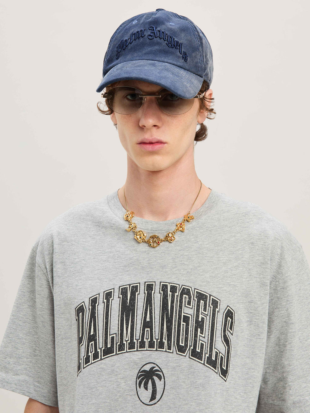 PALM ANGELS  COLLEGE PALM SLIM TEE GREY MELANGE - BLA GREY MELANGE - BLACK PMAA089S25JER001