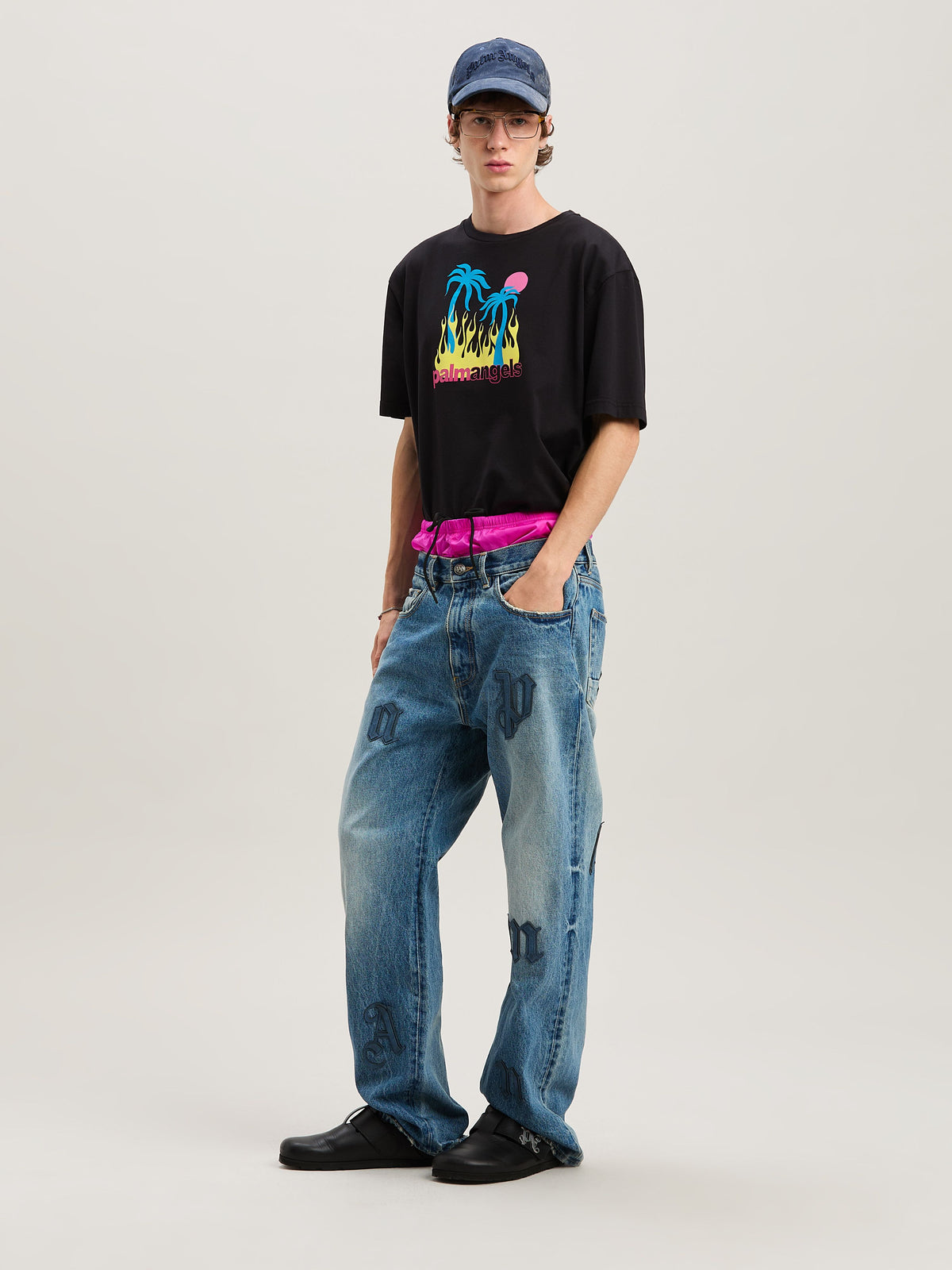 PALM ANGELS  BURNING OASI SLIM TEE BLACK - MULTICOLOR PMAA089S25JER002