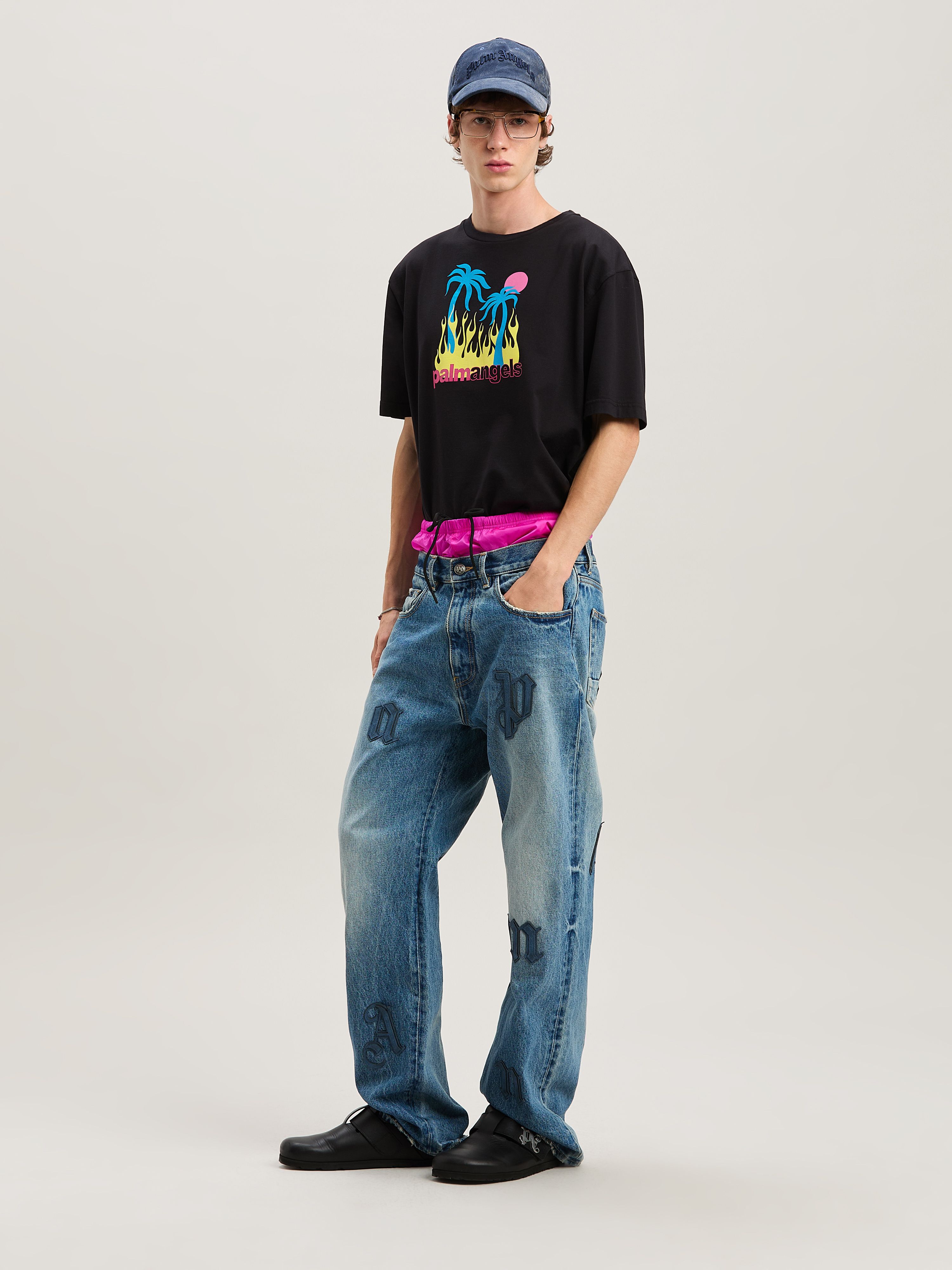 PALM ANGELS  BURNING OASI SLIM TEE BLACK - MULTICOLOR PMAA089S25JER002
