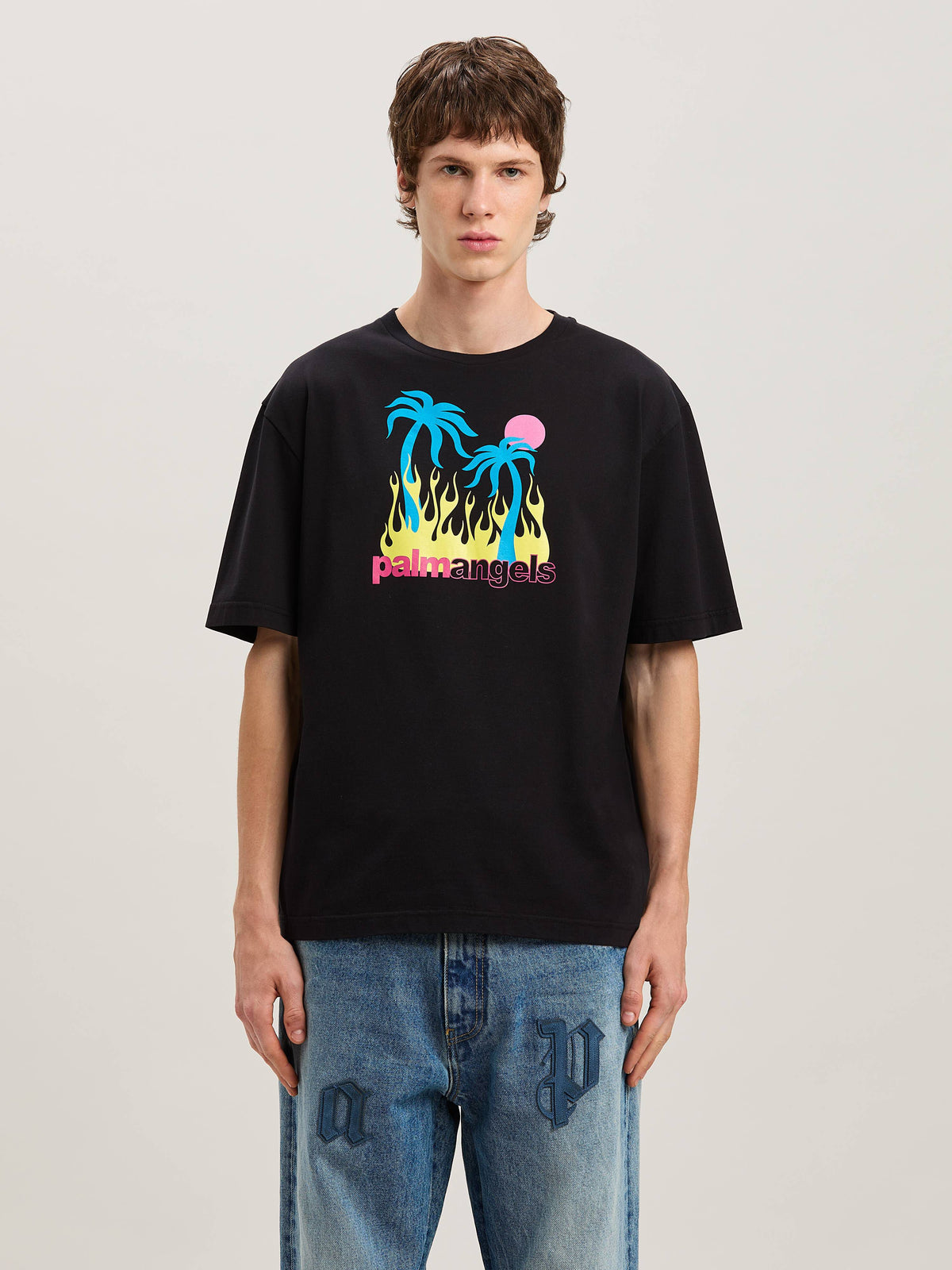 PALM ANGELS  BURNING OASI SLIM TEE BLACK - MULTICOLOR PMAA089S25JER002