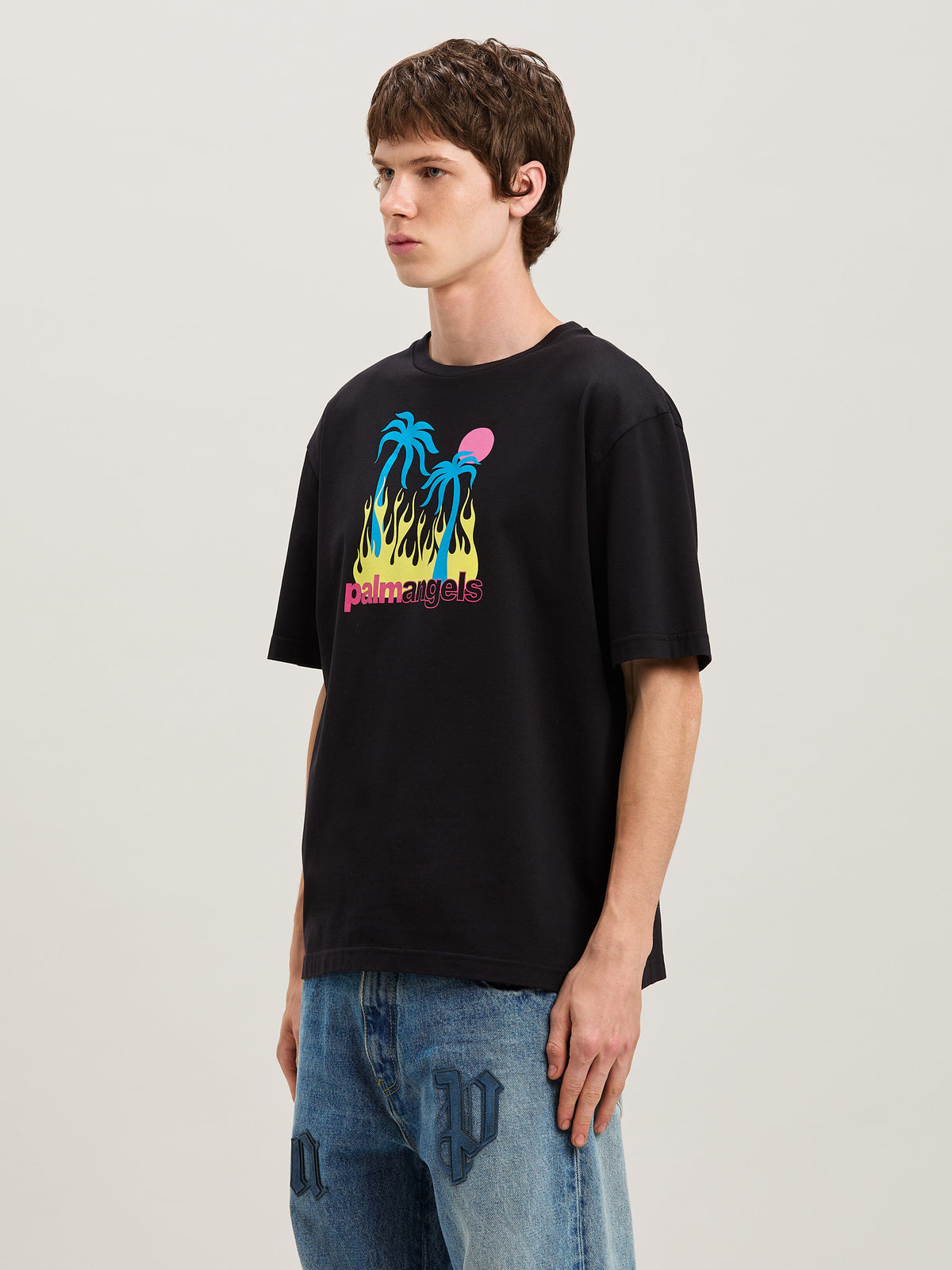 PALM ANGELS  BURNING OASI SLIM TEE BLACK - MULTICOLOR PMAA089S25JER002