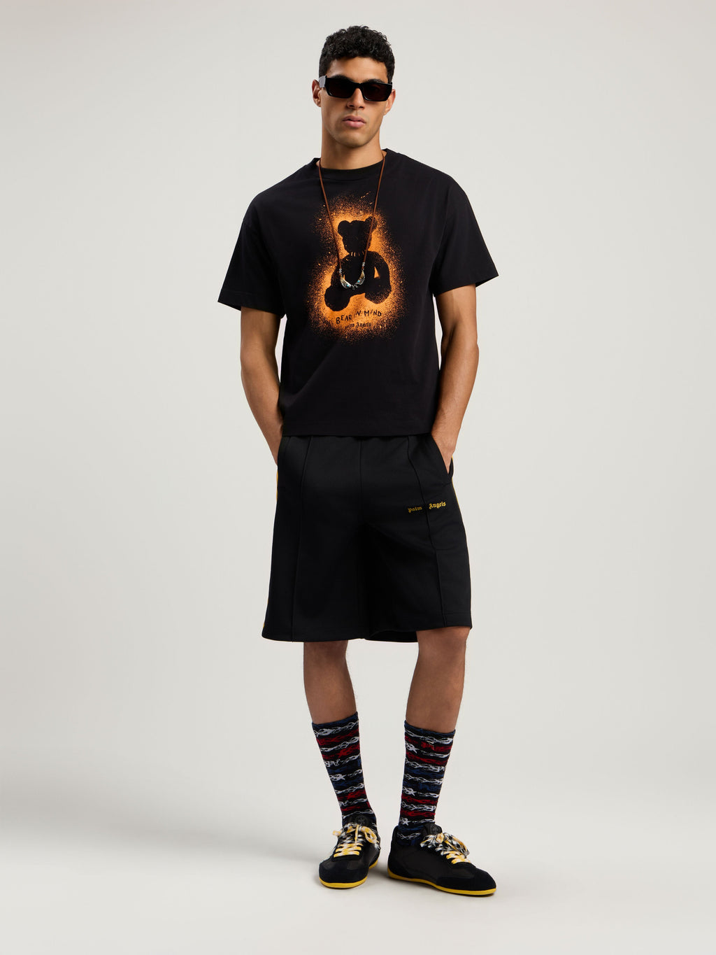 PALM ANGELS Spray Bear Regular T-Shirt BLACK - ORANGE FLUO PMAA109F25JER00B