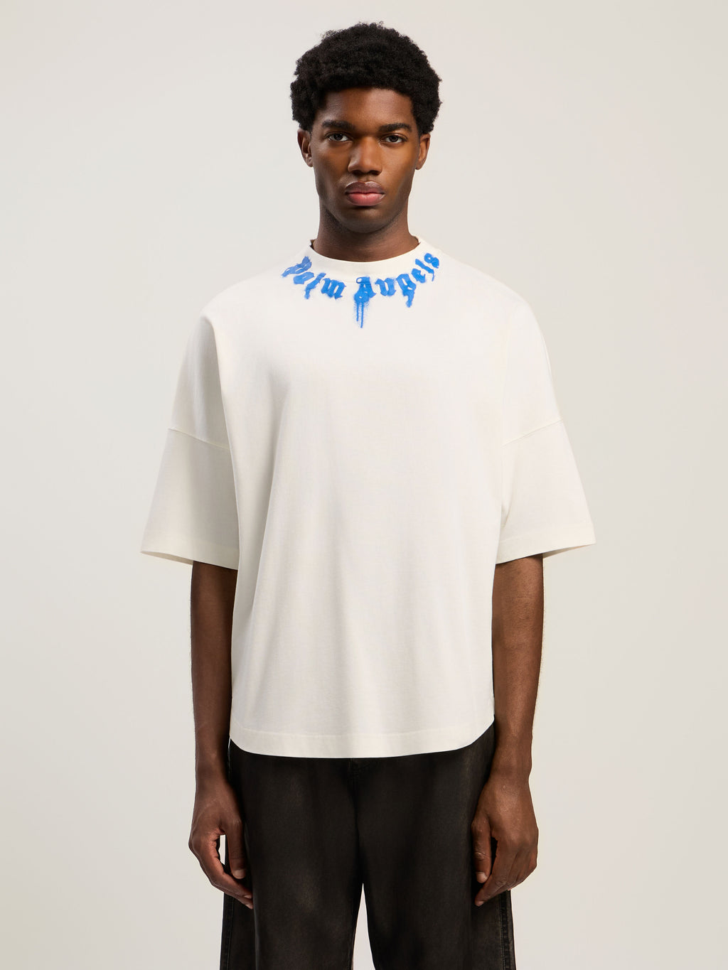 PALM ANGELS Curved Logo Over T-shirt OFF WHITE - COBALT BLUE PMAA10BF25JER006