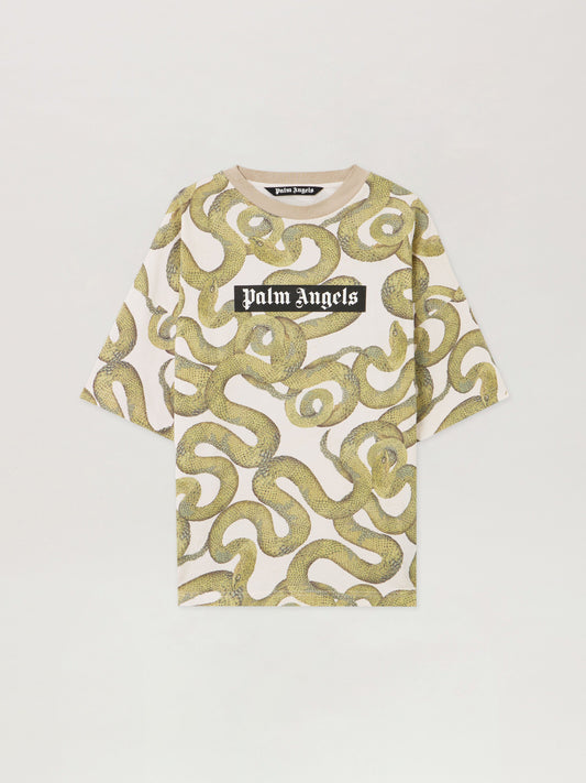 PALM ANGELS Snake Allover Loose T-Shirt IVORY - GREEN PMAA10DF25JER004