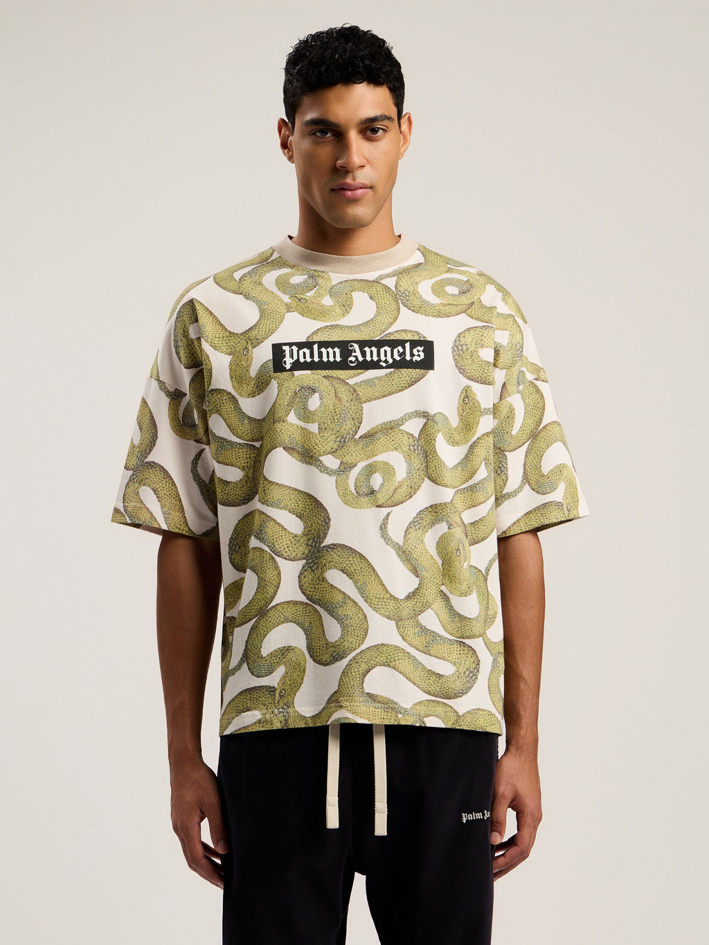 PALM ANGELS Snake Allover Loose T-Shirt IVORY - GREEN PMAA10DF25JER004