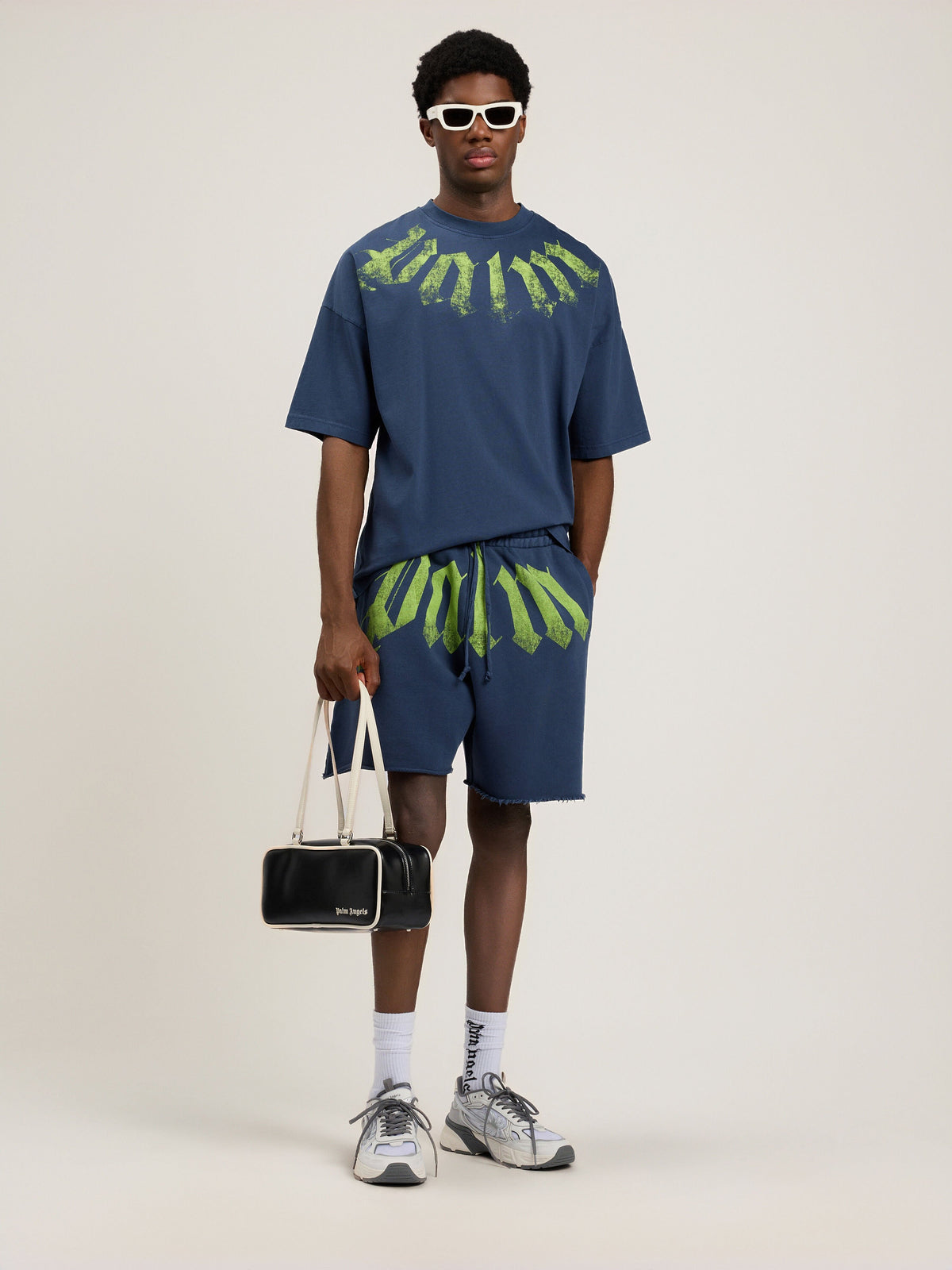 PALM ANGELS Big Neck Logo Loose T-Shirt NAVY BLUE LIME PMAA10DS26JER002