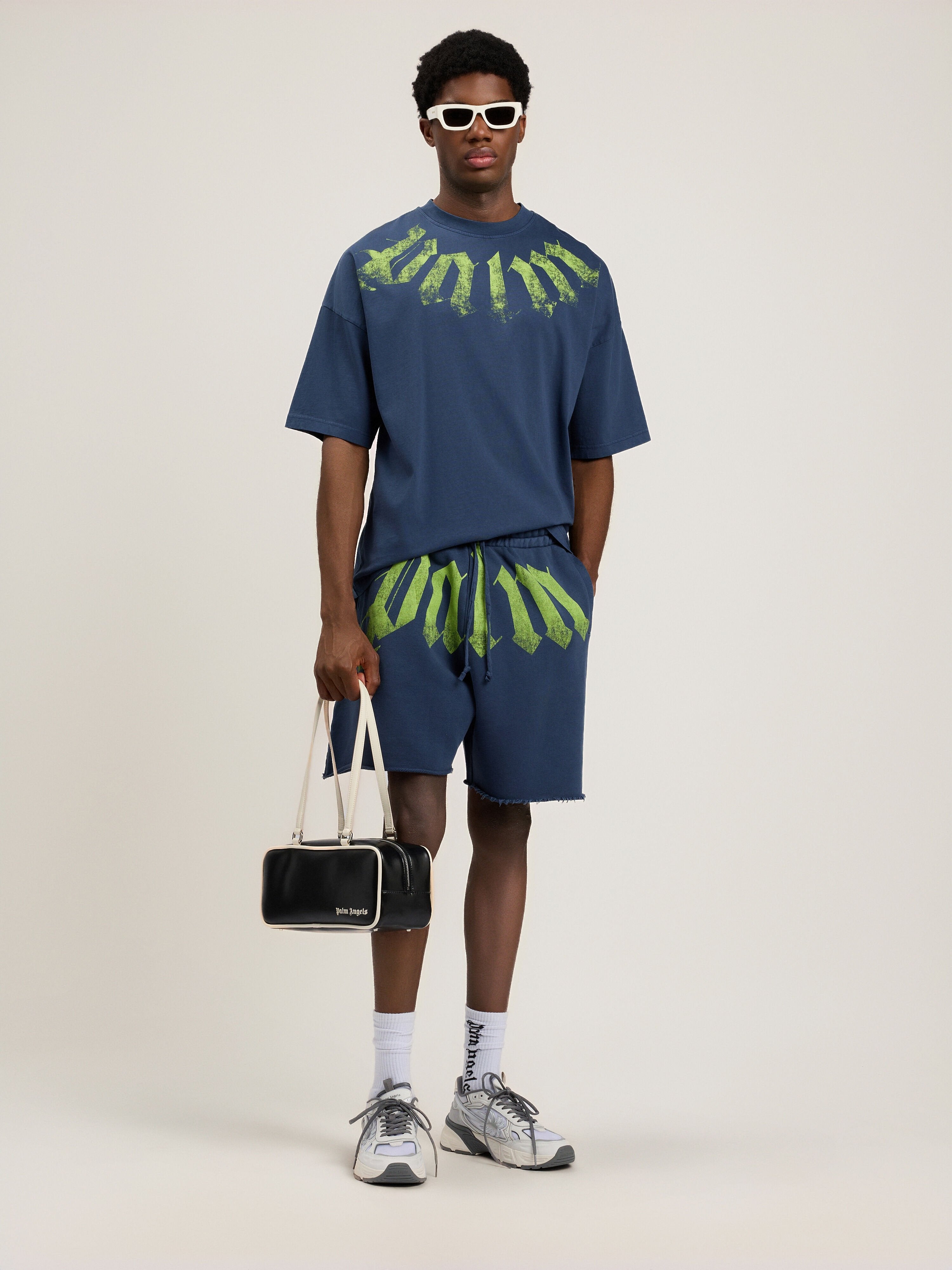 PALM ANGELS Big Neck Logo Loose T-Shirt NAVY BLUE LIME PMAA10DS26JER002