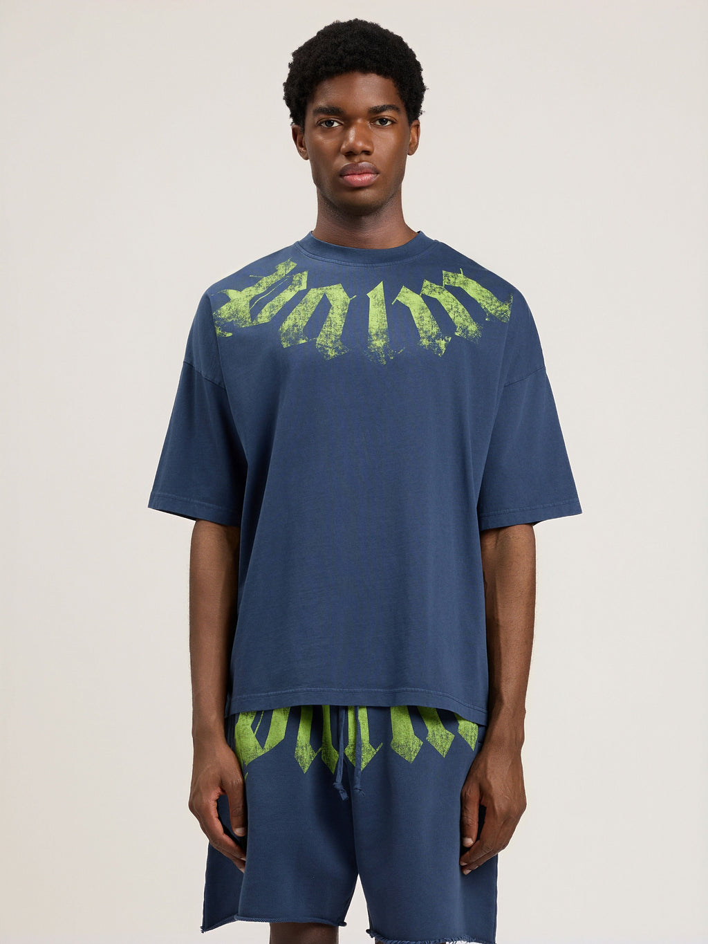 PALM ANGELS Big Neck Logo Loose T-Shirt NAVY BLUE LIME PMAA10DS26JER002