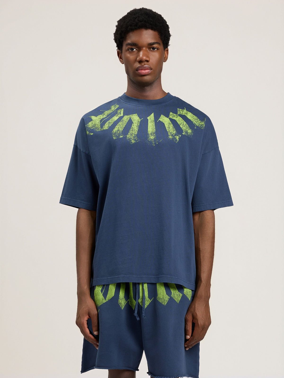 PALM ANGELS Big Neck Logo Loose T-Shirt NAVY BLUE LIME PMAA10DS26JER002