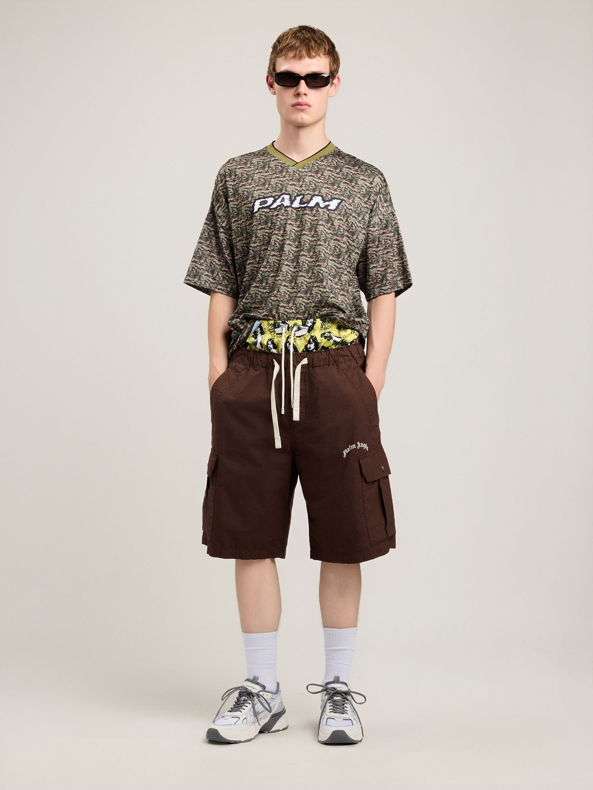 PALM ANGELS Camo Allover Palm Sport T-Shirt BROWN OFF WHITE PMAA10NS26FAB002