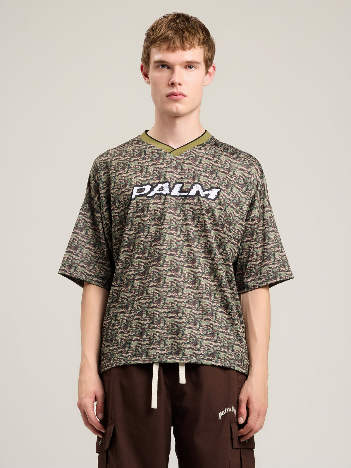 PALM ANGELS Camo Allover Palm Sport T-Shirt BROWN OFF WHITE PMAA10NS26FAB002