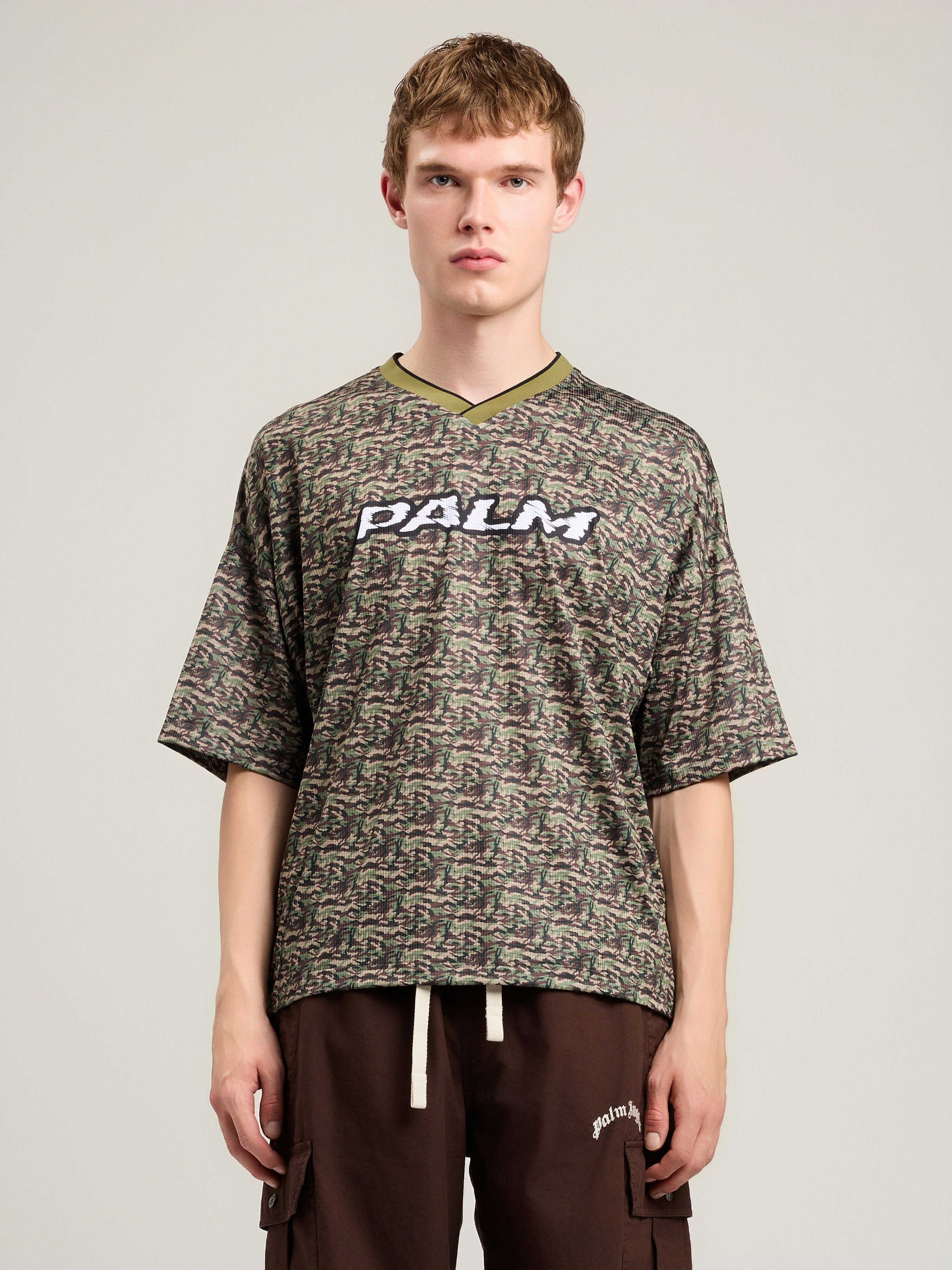 PALM ANGELS Camo Allover Palm Sport T-Shirt BROWN OFF WHITE PMAA10NS26FAB002