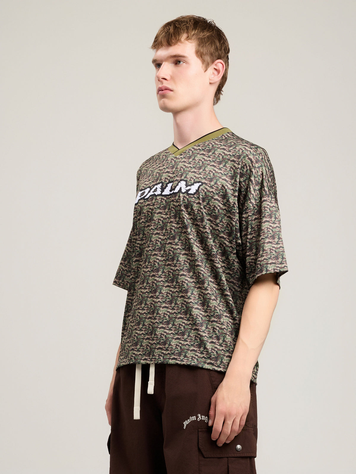 PALM ANGELS Camo Allover Palm Sport T-Shirt BROWN OFF WHITE PMAA10NS26FAB002