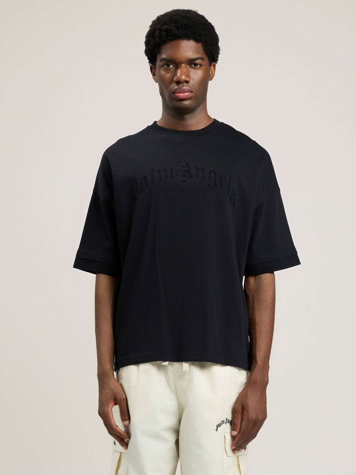 PALM ANGELS Curved Logo Loose Double T-Shirt BLACK BLACK PMAA10QS26JER001