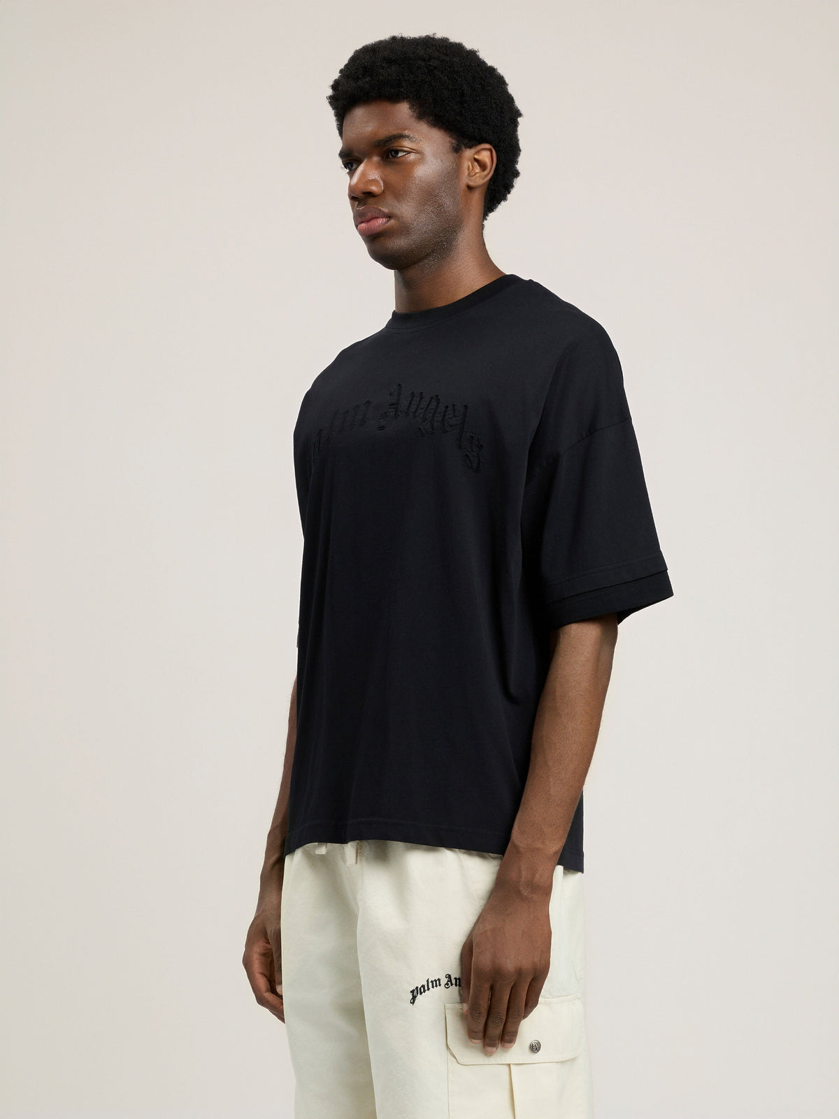 PALM ANGELS Curved Logo Loose Double T-Shirt BLACK BLACK PMAA10QS26JER001
