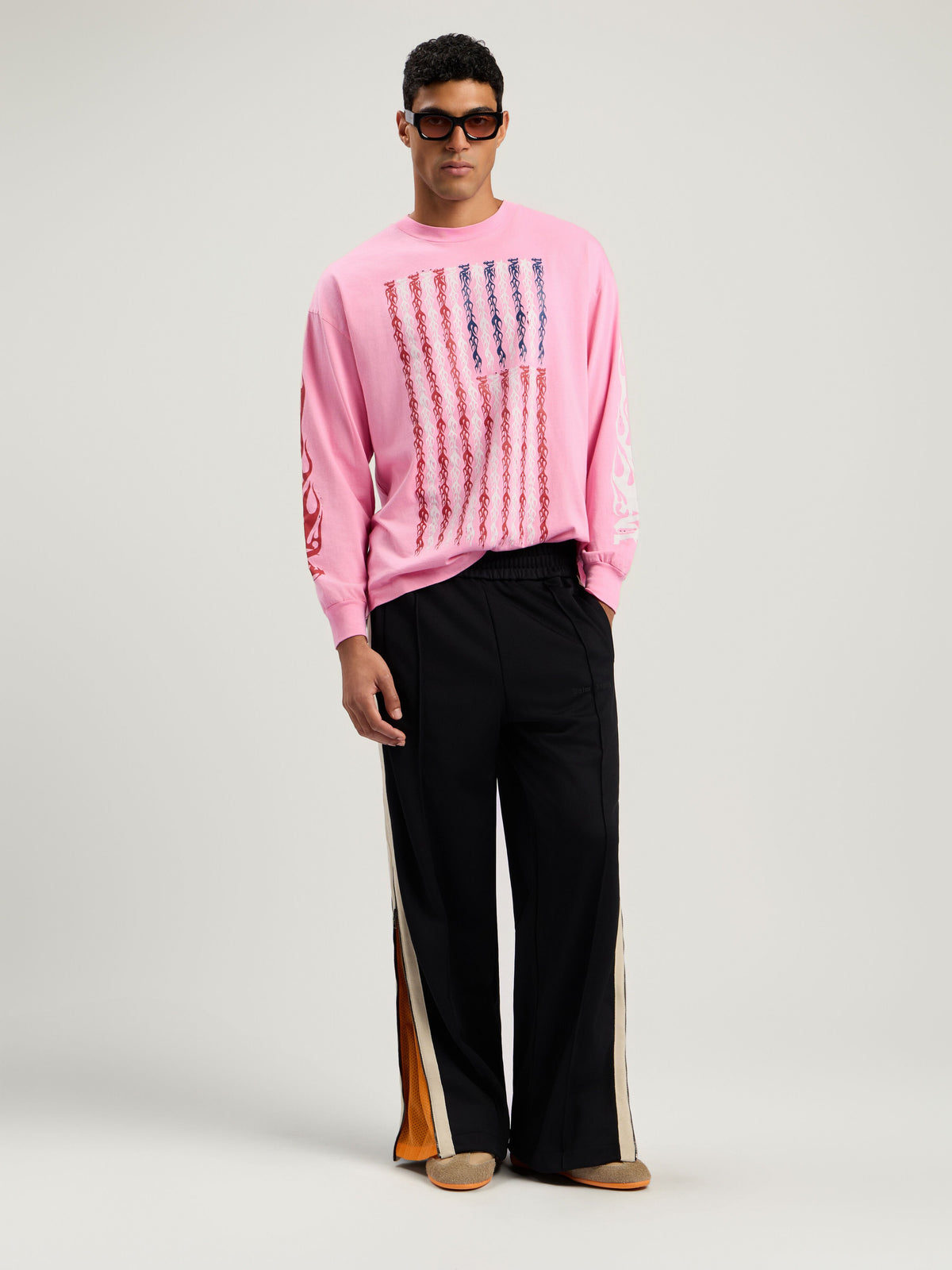 PALM ANGELS Flames Flag Long Sleeve T-Shirt PINK - MULTICOLOR PMAB058F25JER001
