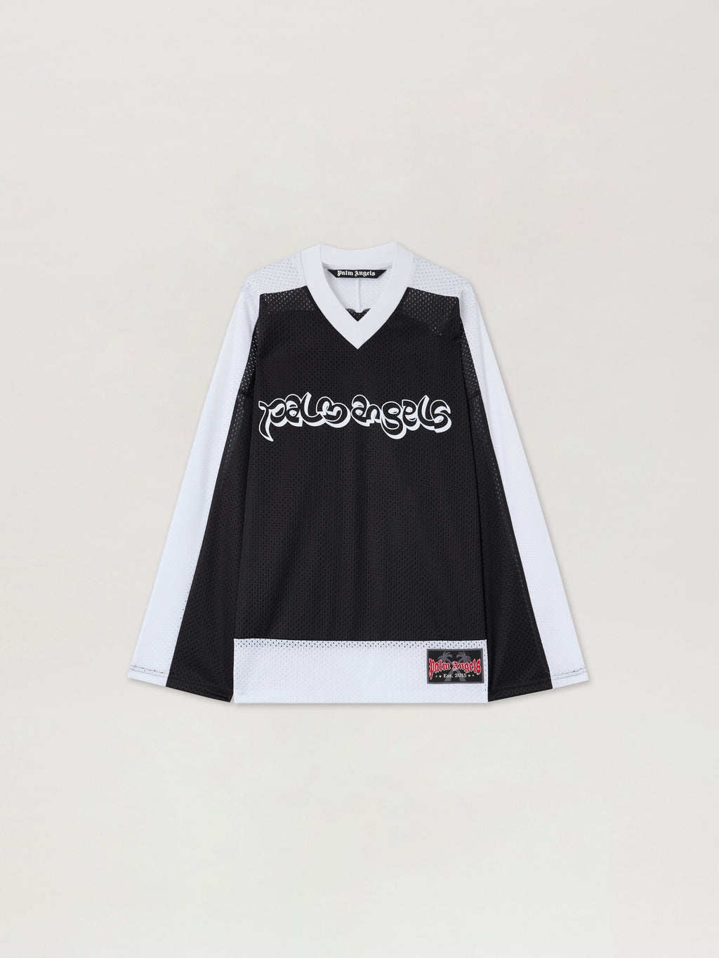 PALM ANGELS Thai Logo Mesh Loose Long-Sleeved T-Shirt BLACK WHITE PMAB05FS26FAB001
