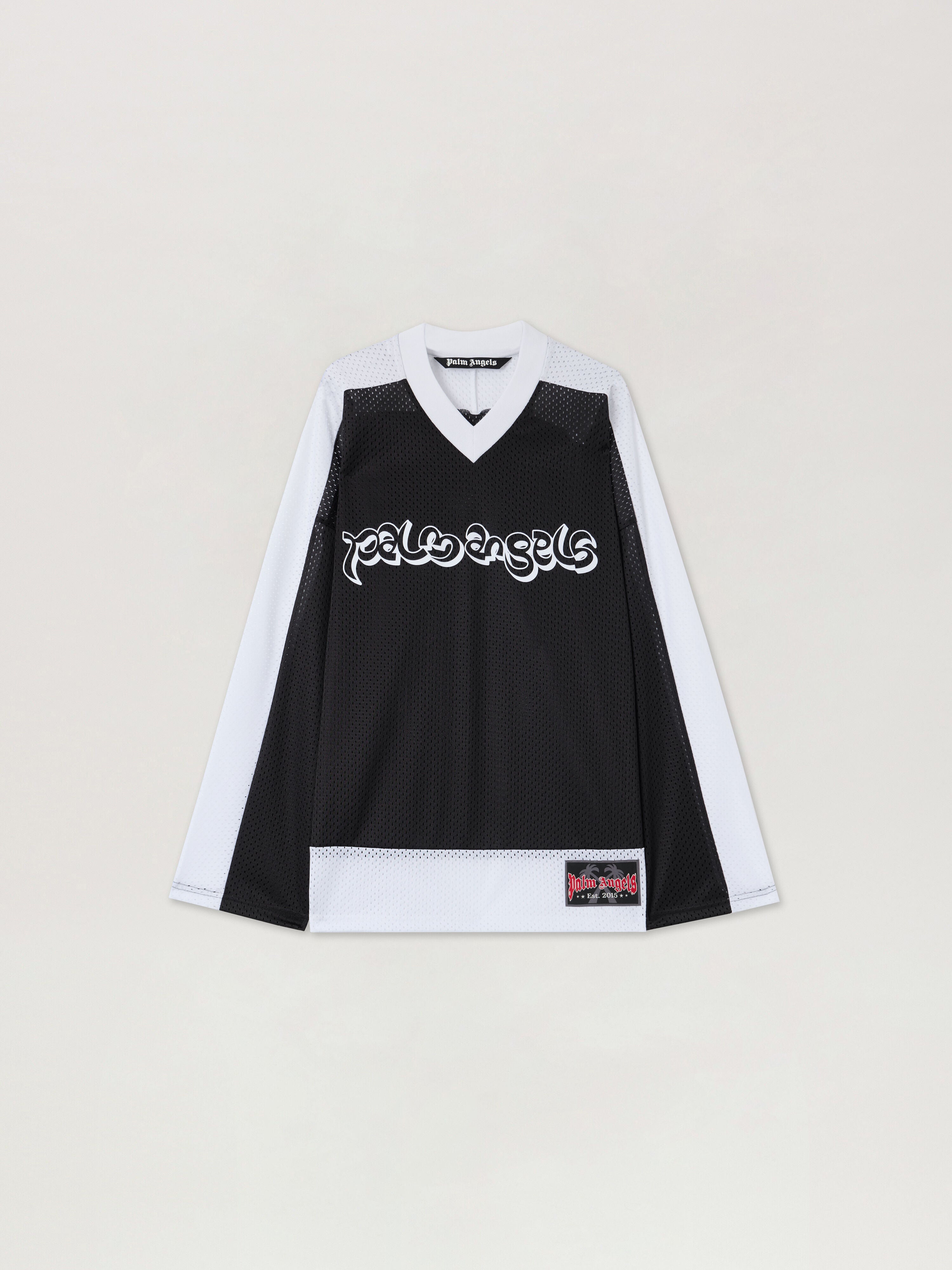 PALM ANGELS Thai Logo Mesh Loose Long-Sleeved T-Shirt BLACK WHITE PMAB05FS26FAB001