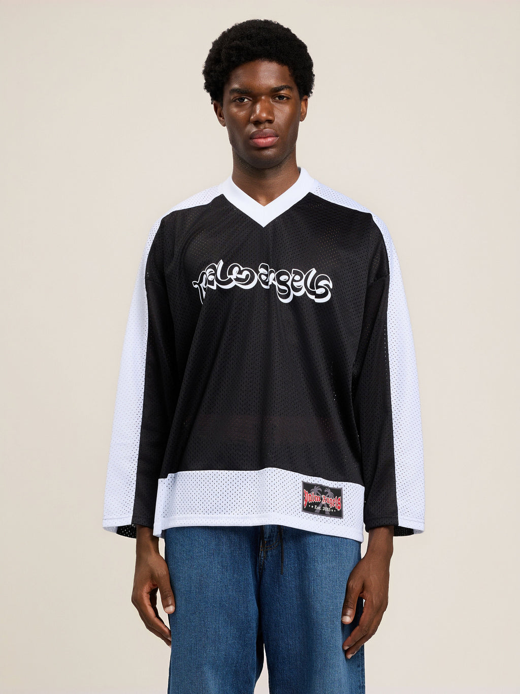 PALM ANGELS Thai Logo Mesh Loose Long-Sleeved T-Shirt BLACK WHITE PMAB05FS26FAB001