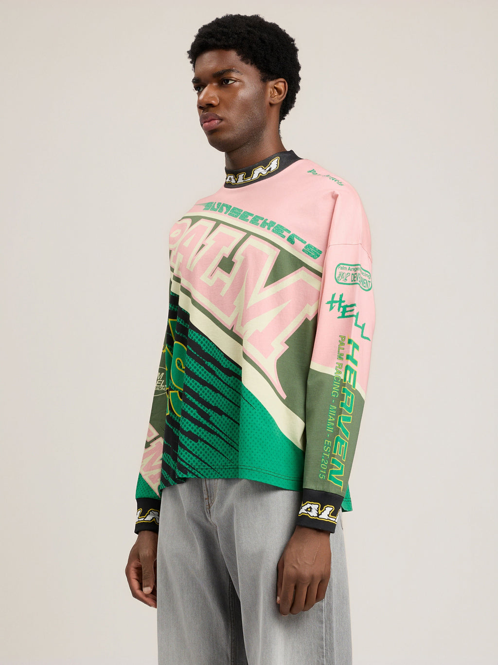 PALM ANGELS Racing Loose Long-Sleeved T-Shirt PINK GREEN PMAB05IS26JER001