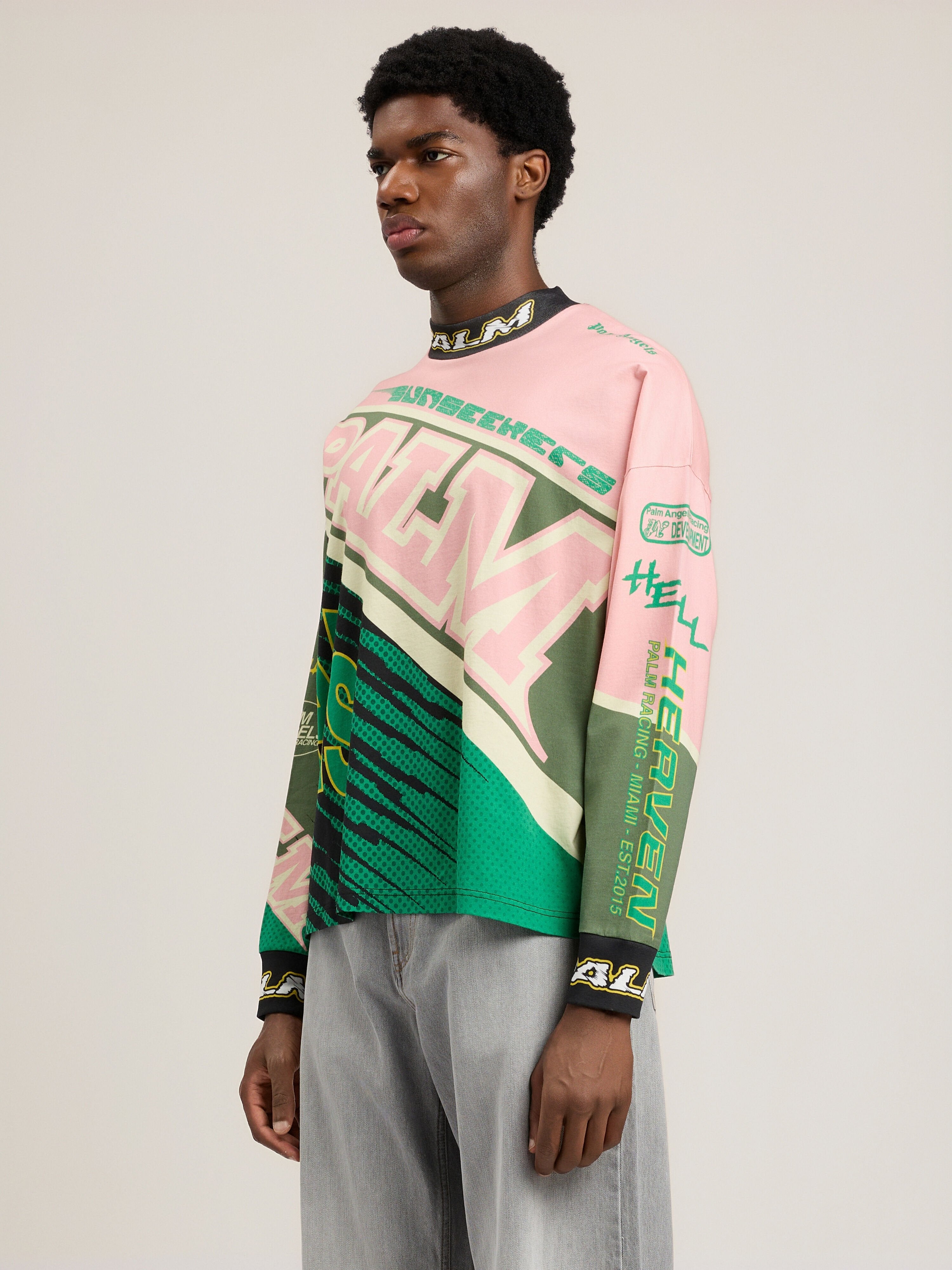 PALM ANGELS Racing Loose Long-Sleeved T-Shirt PINK GREEN PMAB05IS26JER001