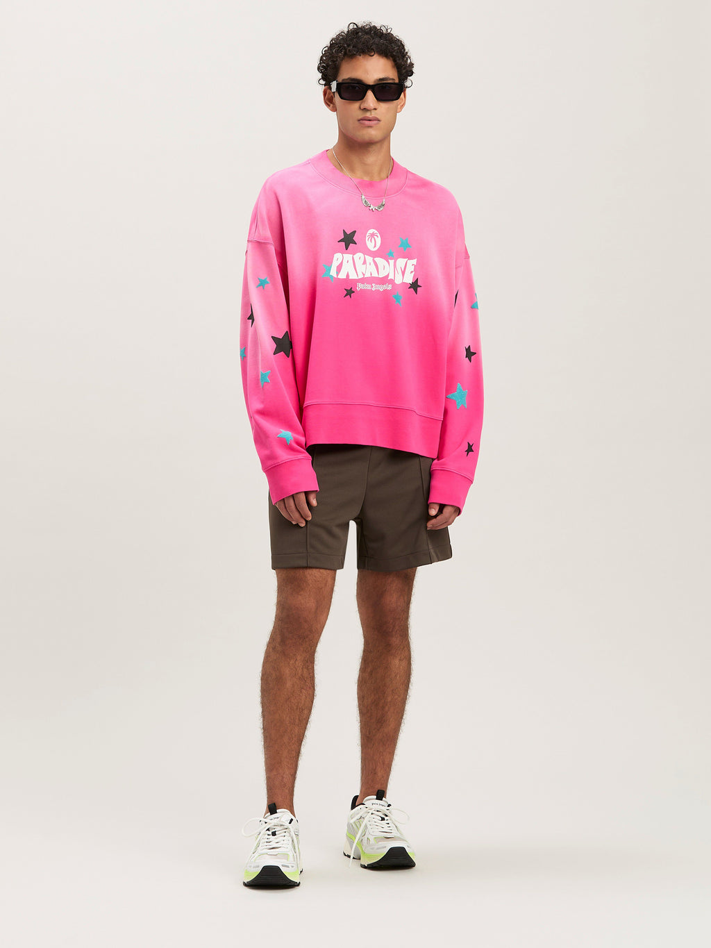 PALM ANGELS  PARADISE PALM CREW FUCHSIA - OFF WHITE PMBA026S25FLE001