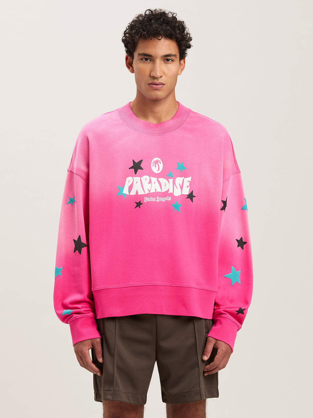 PALM ANGELS  PARADISE PALM CREW FUCHSIA - OFF WHITE PMBA026S25FLE001