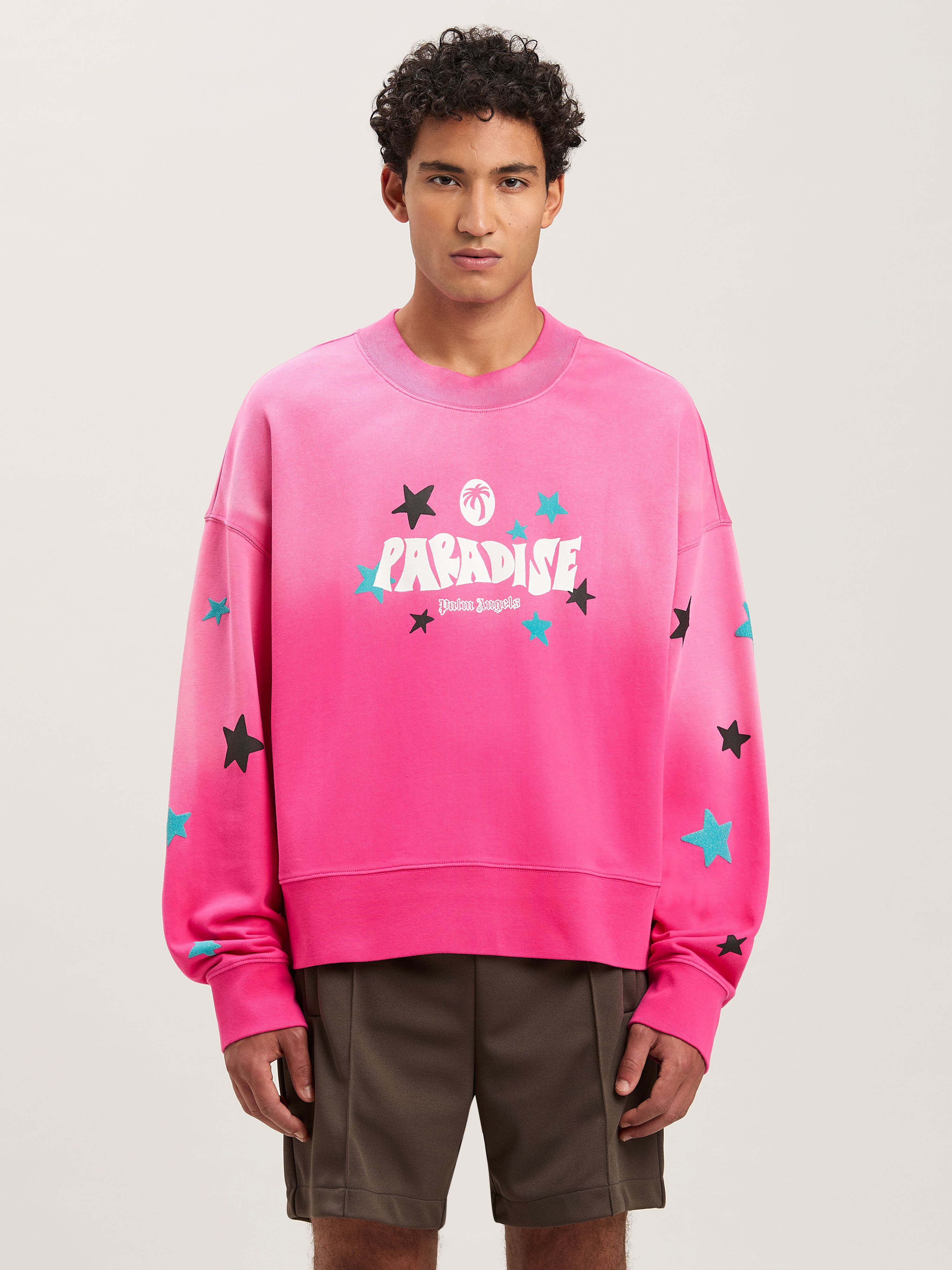 PALM ANGELS  PARADISE PALM CREW FUCHSIA - OFF WHITE PMBA026S25FLE001