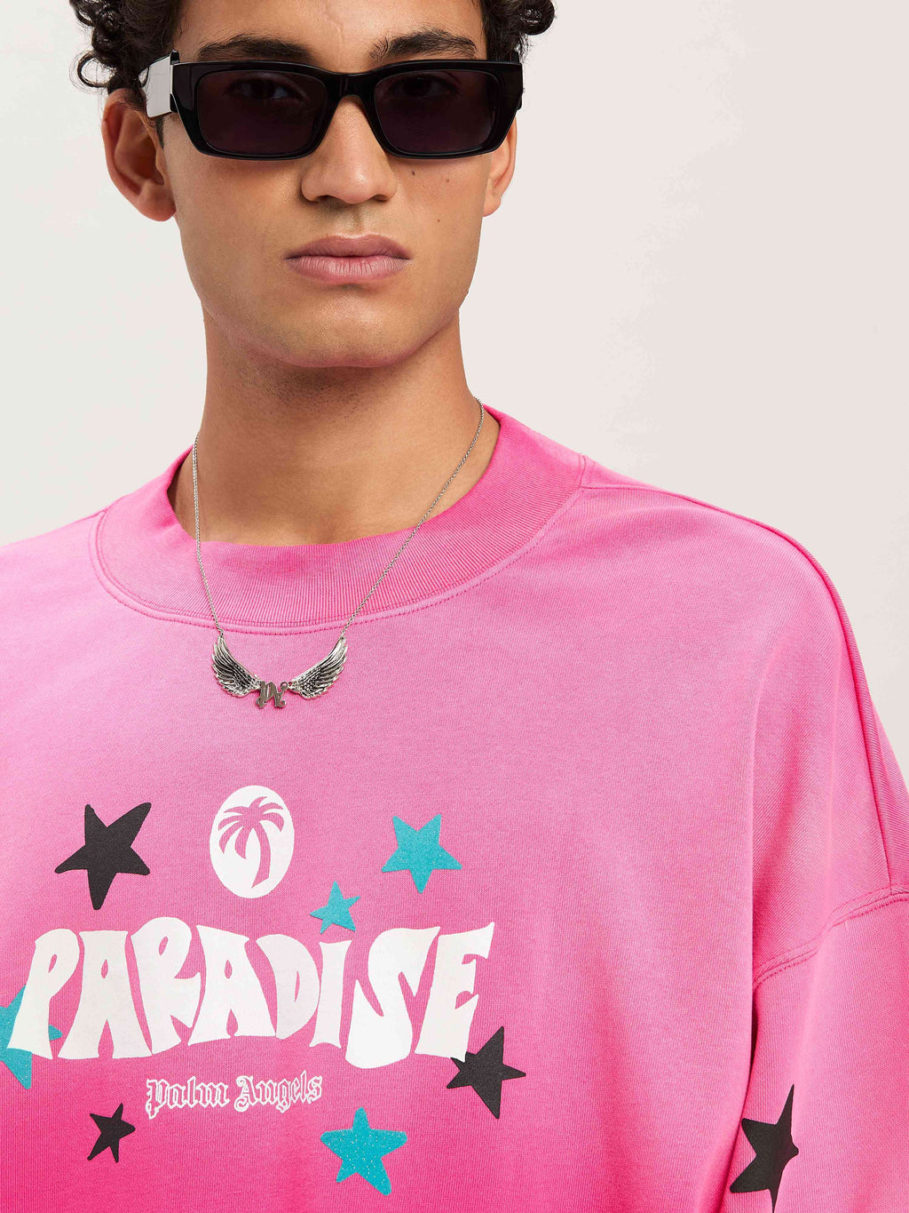 PALM ANGELS  PARADISE PALM CREW FUCHSIA - OFF WHITE PMBA026S25FLE001
