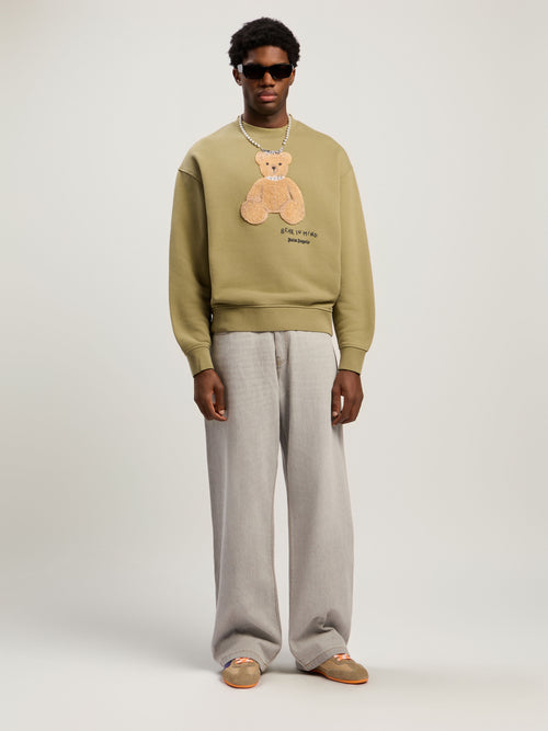 PALM ANGELS Bear In Mind Crewneck Sweatshirt ARMY GREEN - BROWN PMBA08HF25FLE004