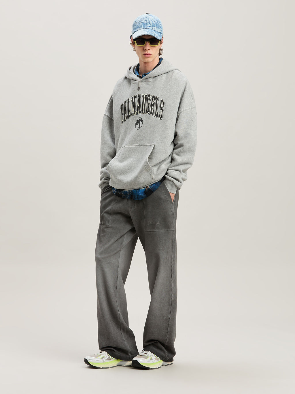 PALM ANGELS  COLLEGE PALM HOODY GREY MELANGE - BLACK PMBB155S25FLE001