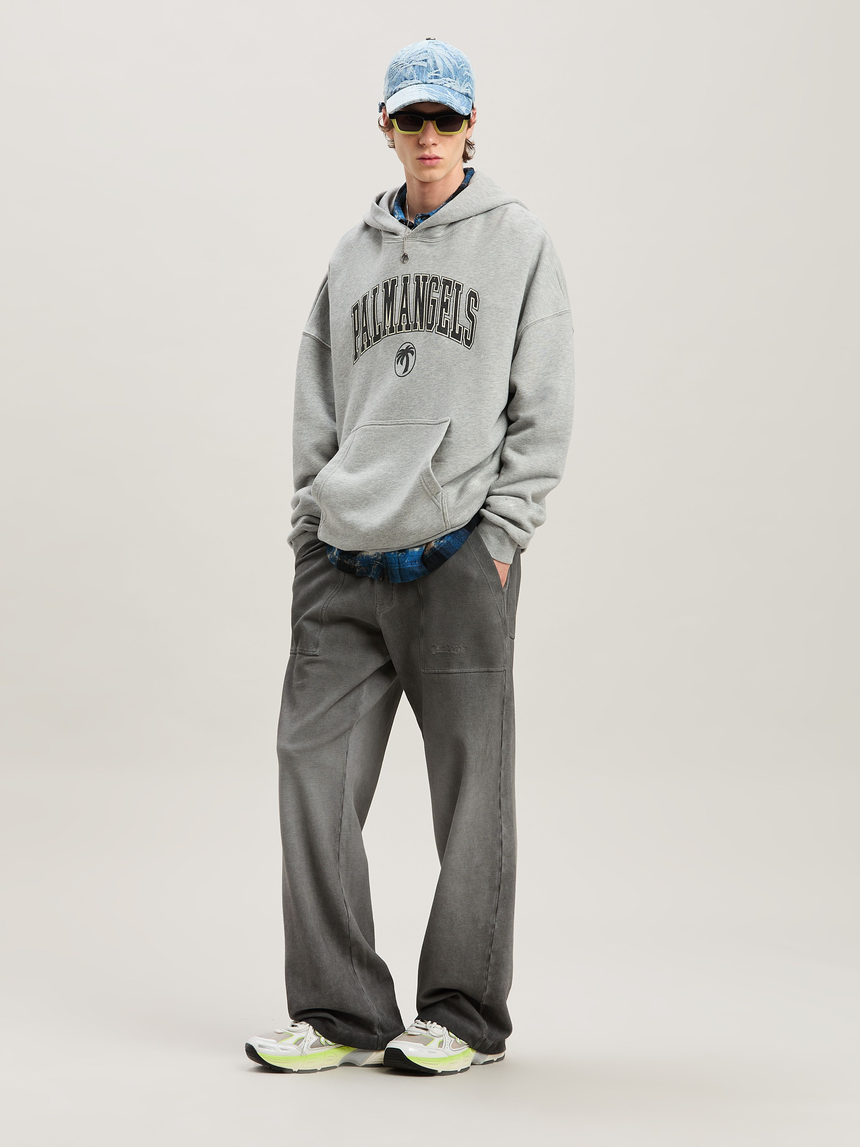 PALM ANGELS  COLLEGE PALM HOODY GREY MELANGE - BLACK PMBB155S25FLE001