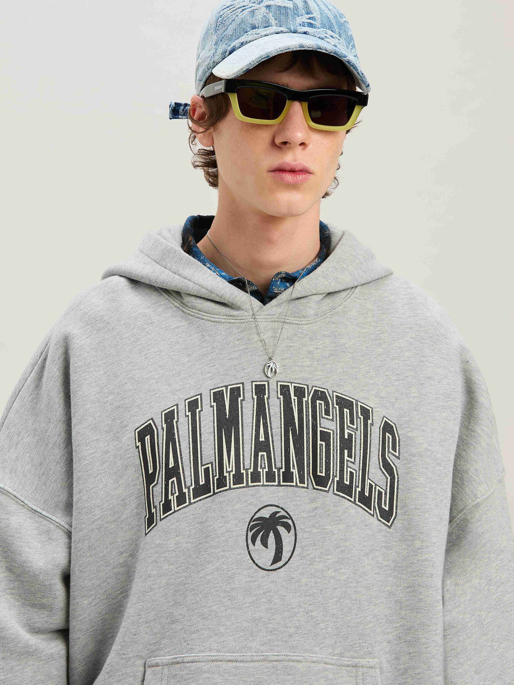 PALM ANGELS  COLLEGE PALM HOODY GREY MELANGE - BLACK PMBB155S25FLE001