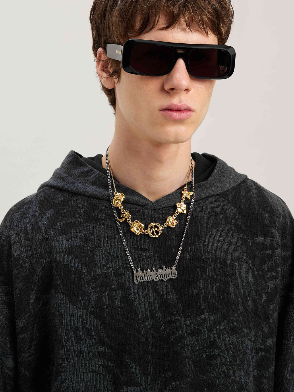 PALM ANGELS  PALMS CURVED LOGO HOODY BLACK - GREY PMBB169S25FAB001