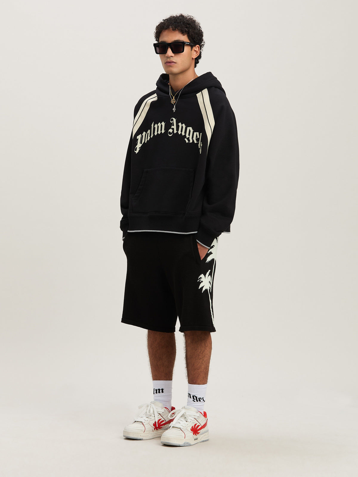 PALM ANGELS  CURVED LOGO TRACK HOODY BLACK - IVORY PMBB171S25FLE001