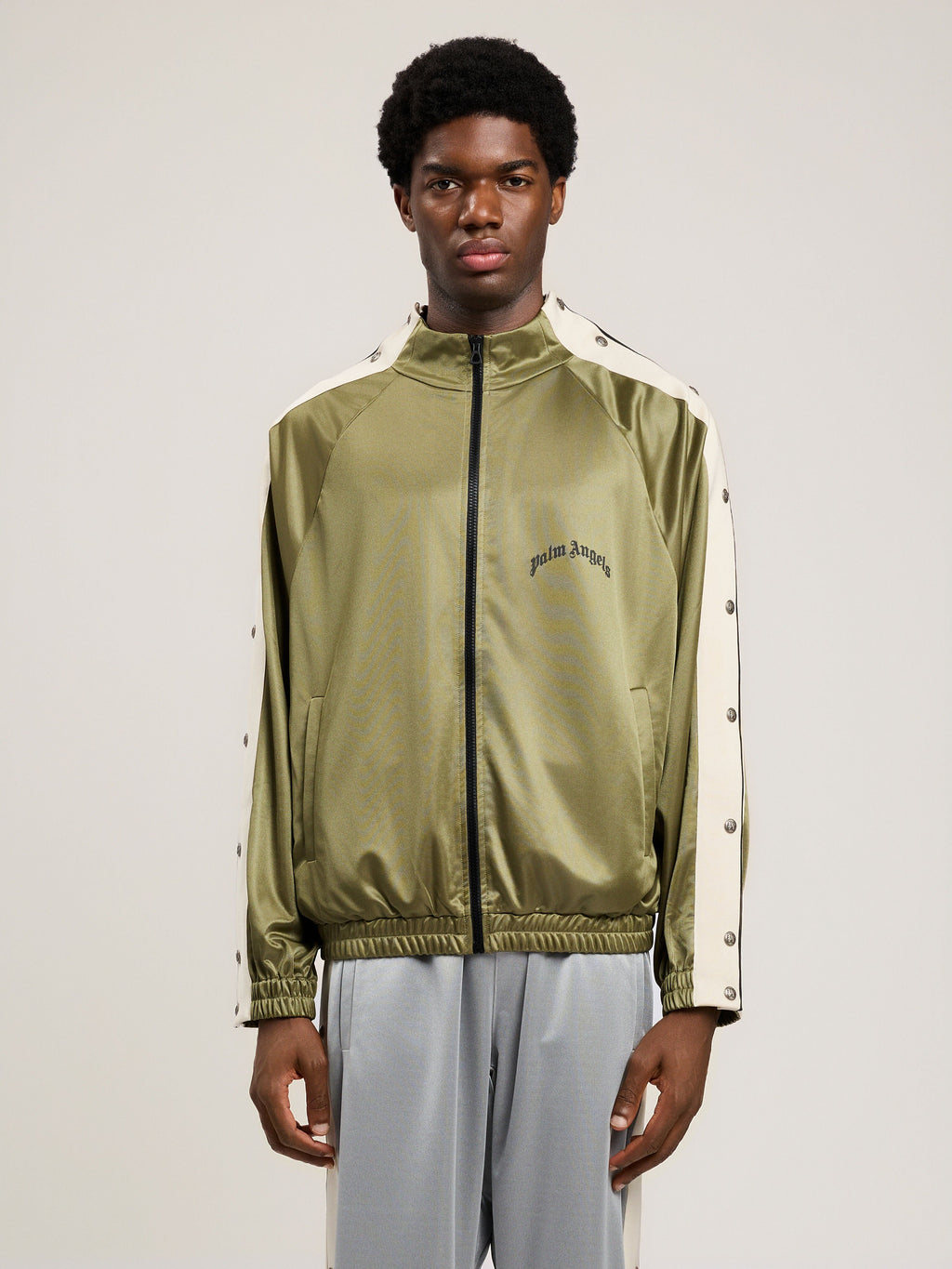 PALM ANGELS Curved Logo Boxe Track Jacket MILITARY GREEN BLACK PMBD08MS26FAB001