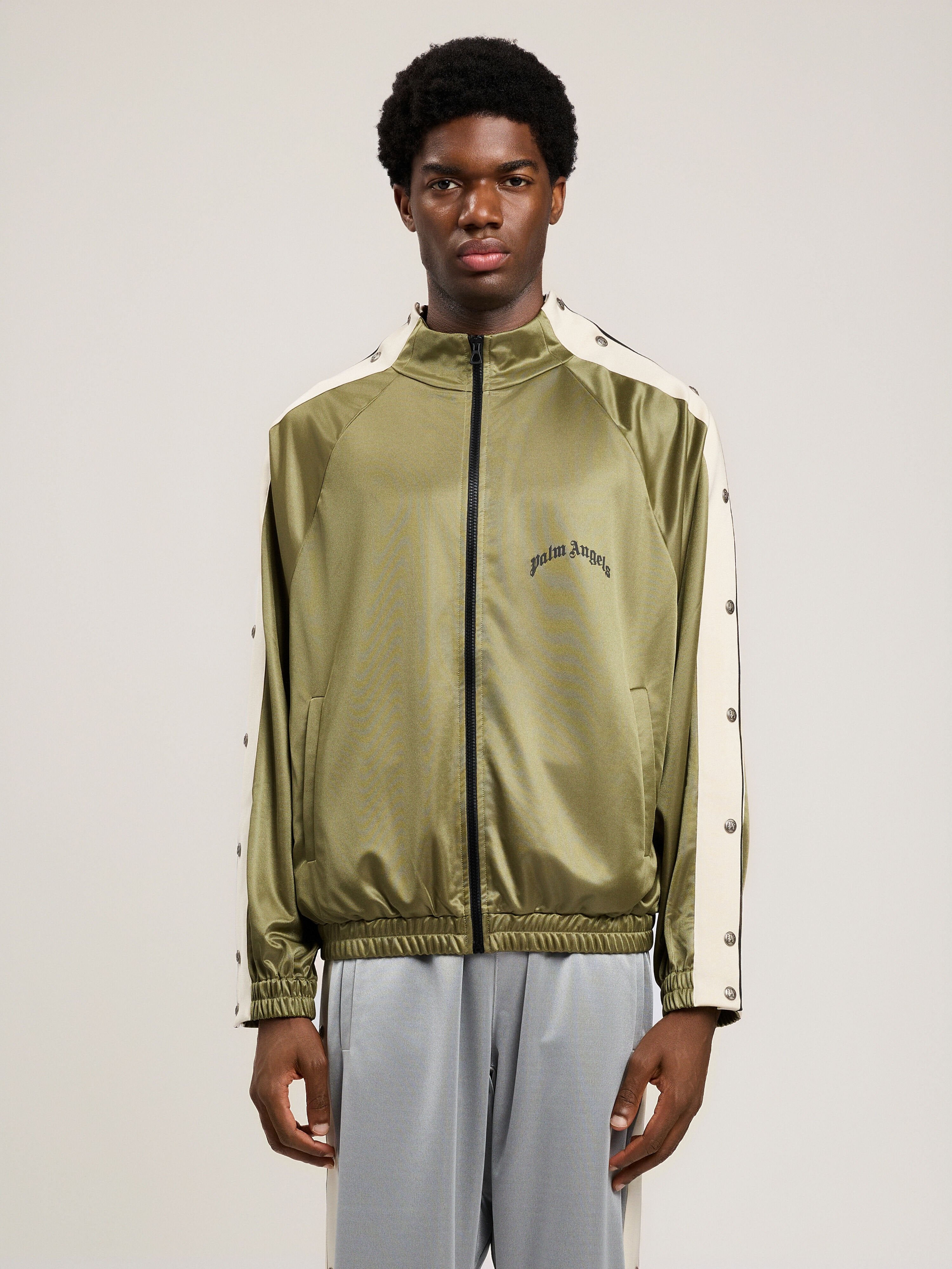 PALM ANGELS Curved Logo Boxe Track Jacket MILITARY GREEN BLACK PMBD08MS26FAB001